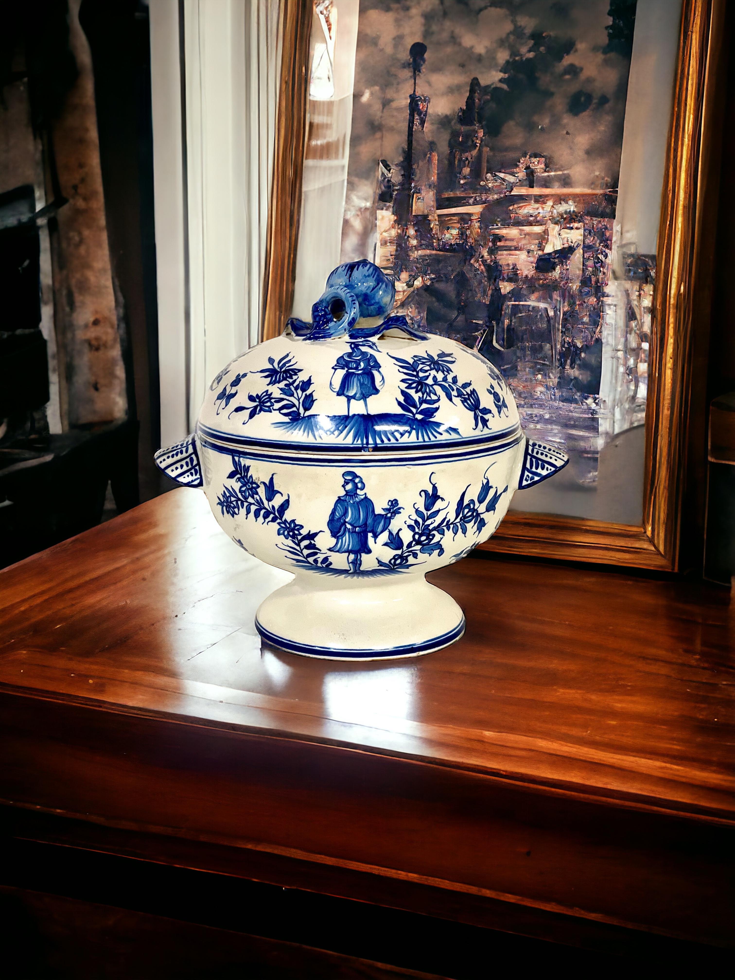 Blue and White Earthenware Lidded Tureen with Fantastical Decoration For Sale 10