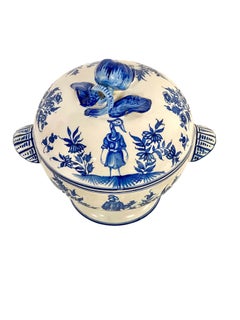 Blue and White Earthenware Lidded Tureen with Fantastical Decoration