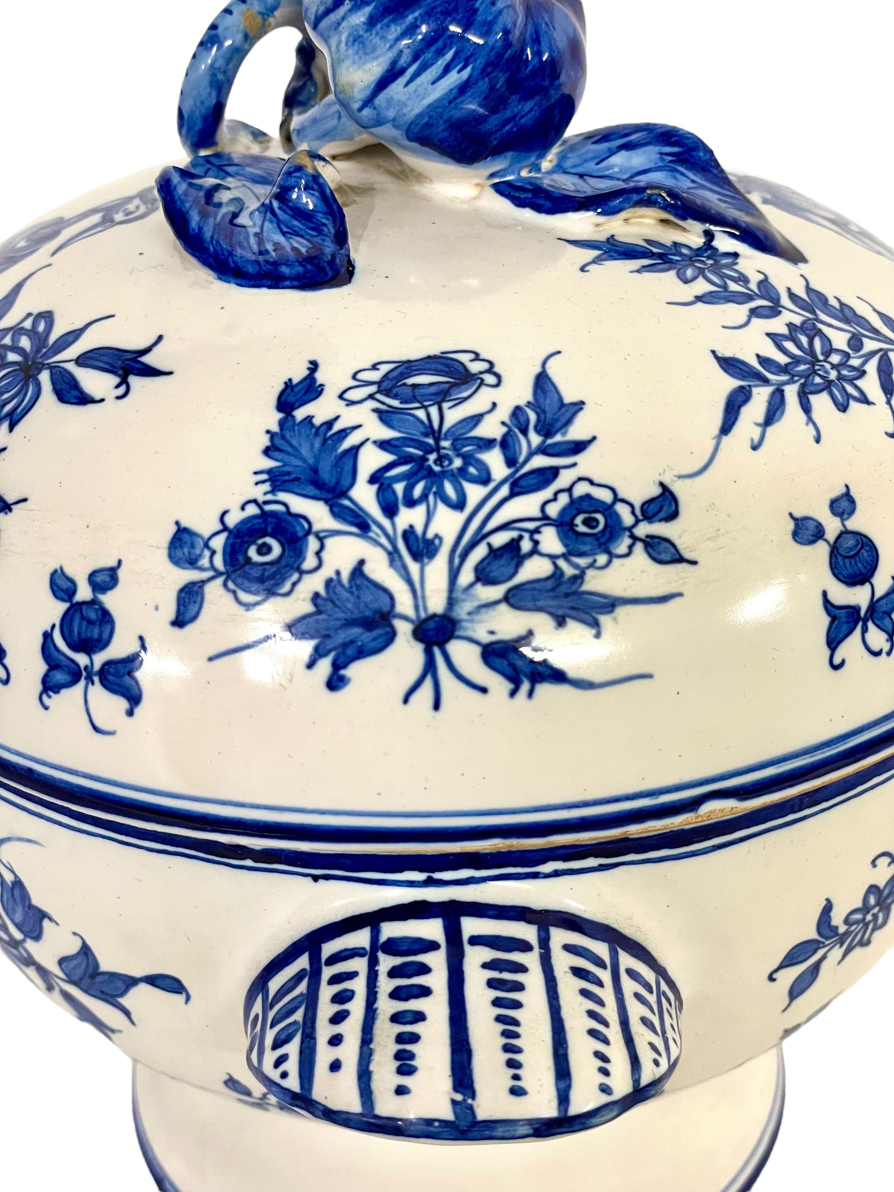 French Blue and White Earthenware Lidded Tureen with Fantastical Decoration For Sale
