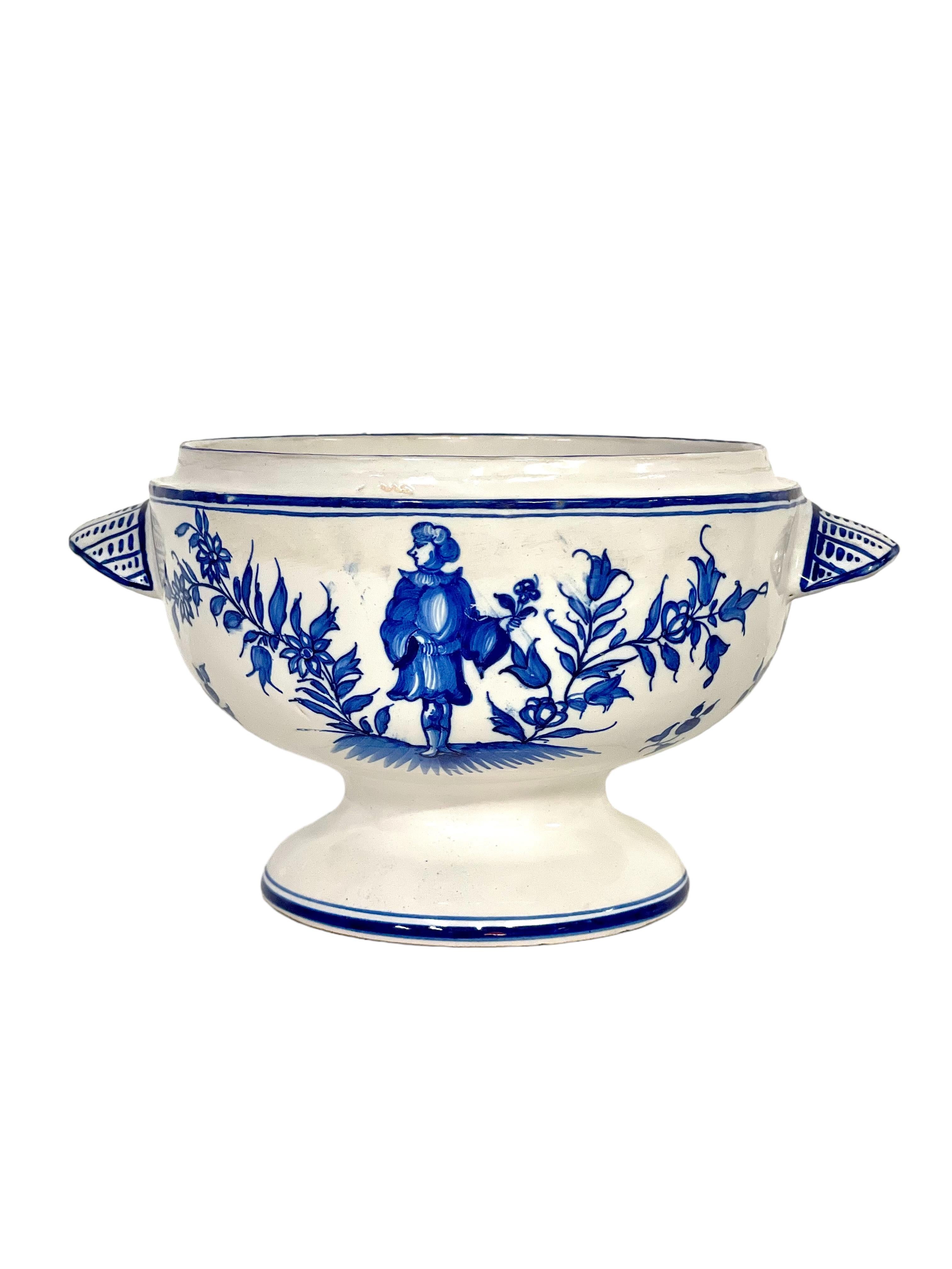 19th Century Blue and White Earthenware Lidded Tureen with Fantastical Decoration For Sale