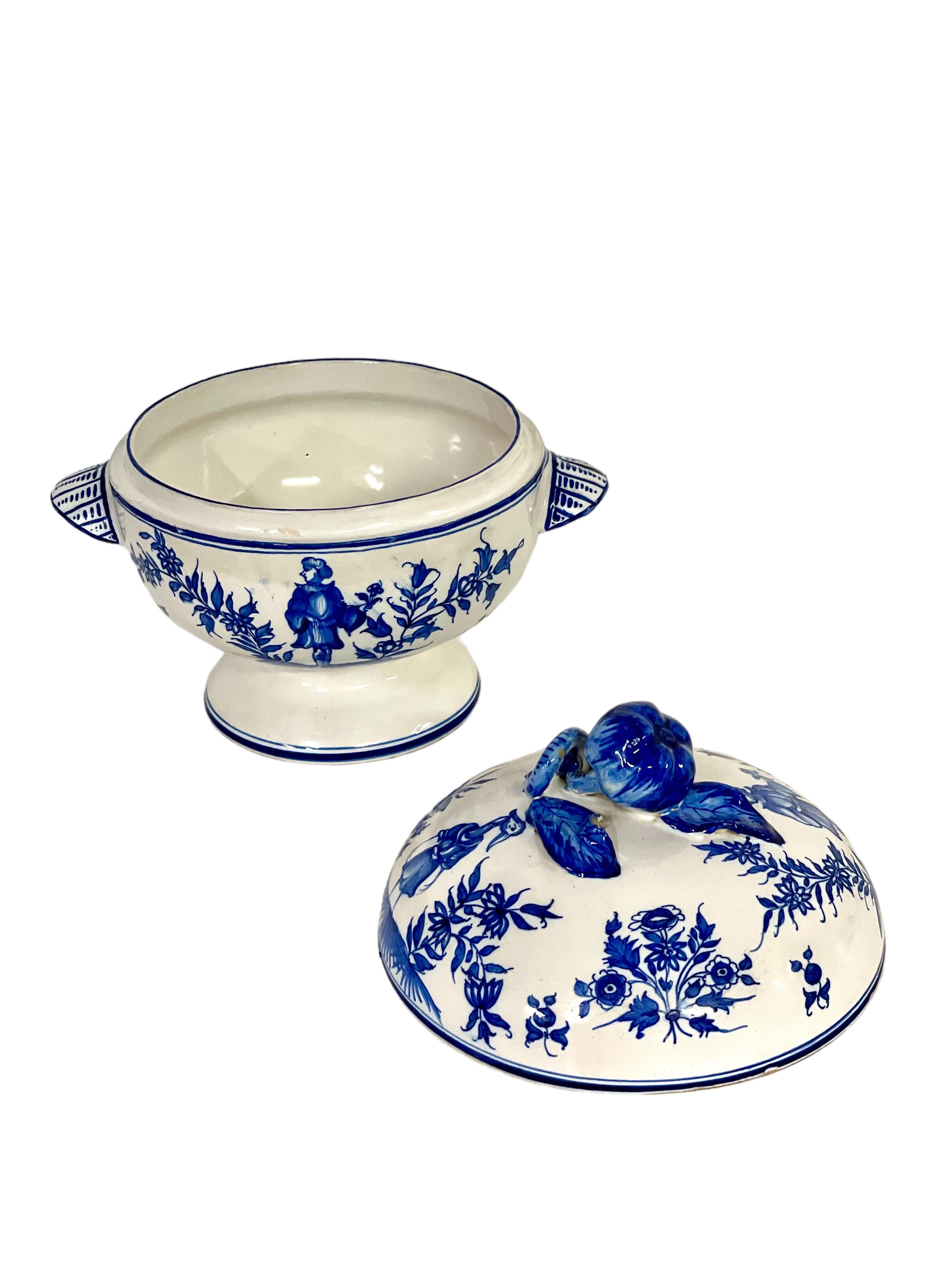 Blue and White Earthenware Lidded Tureen with Fantastical Decoration For Sale 1