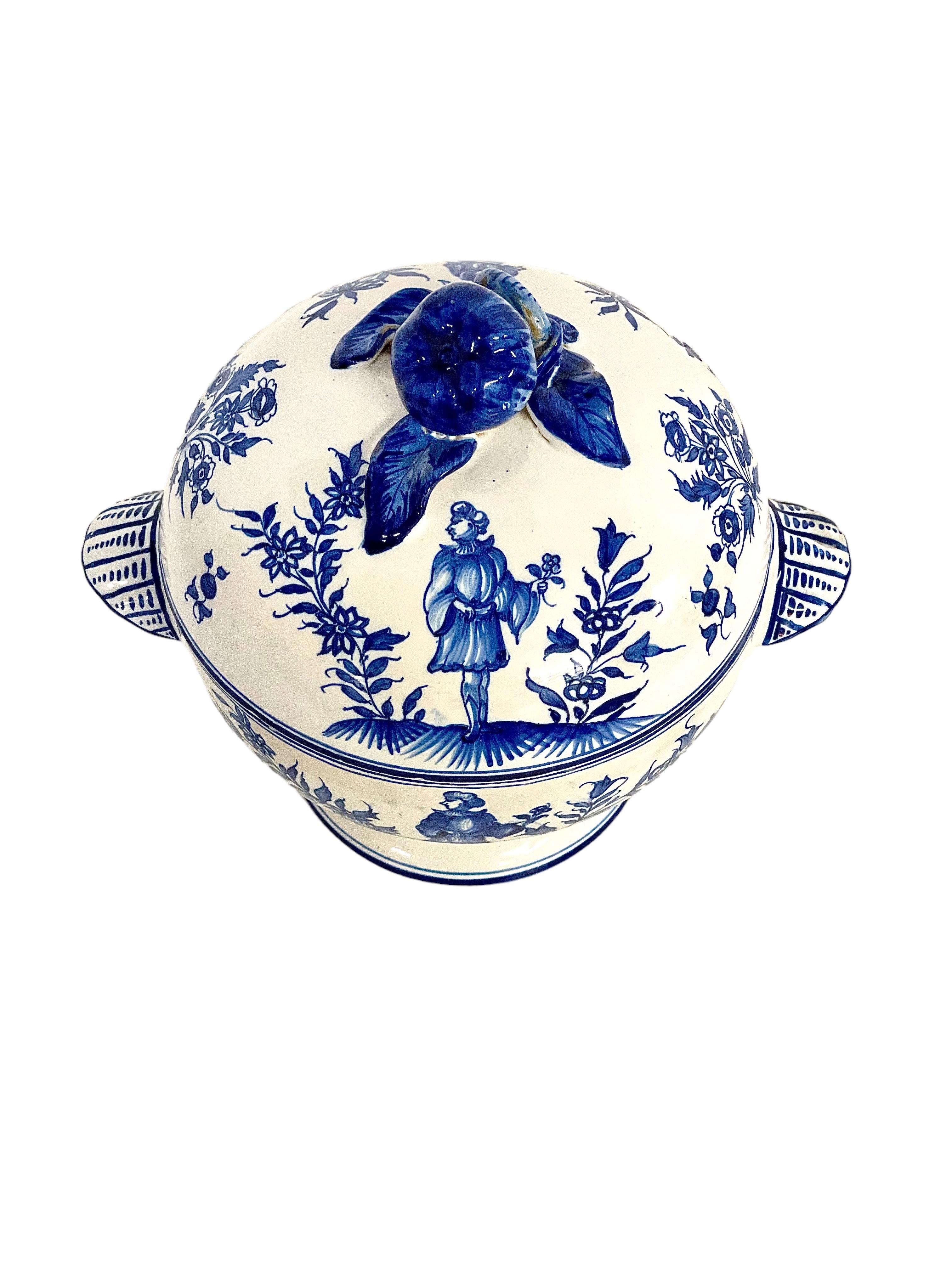 Blue and White Earthenware Lidded Tureen with Fantastical Decoration For Sale 2
