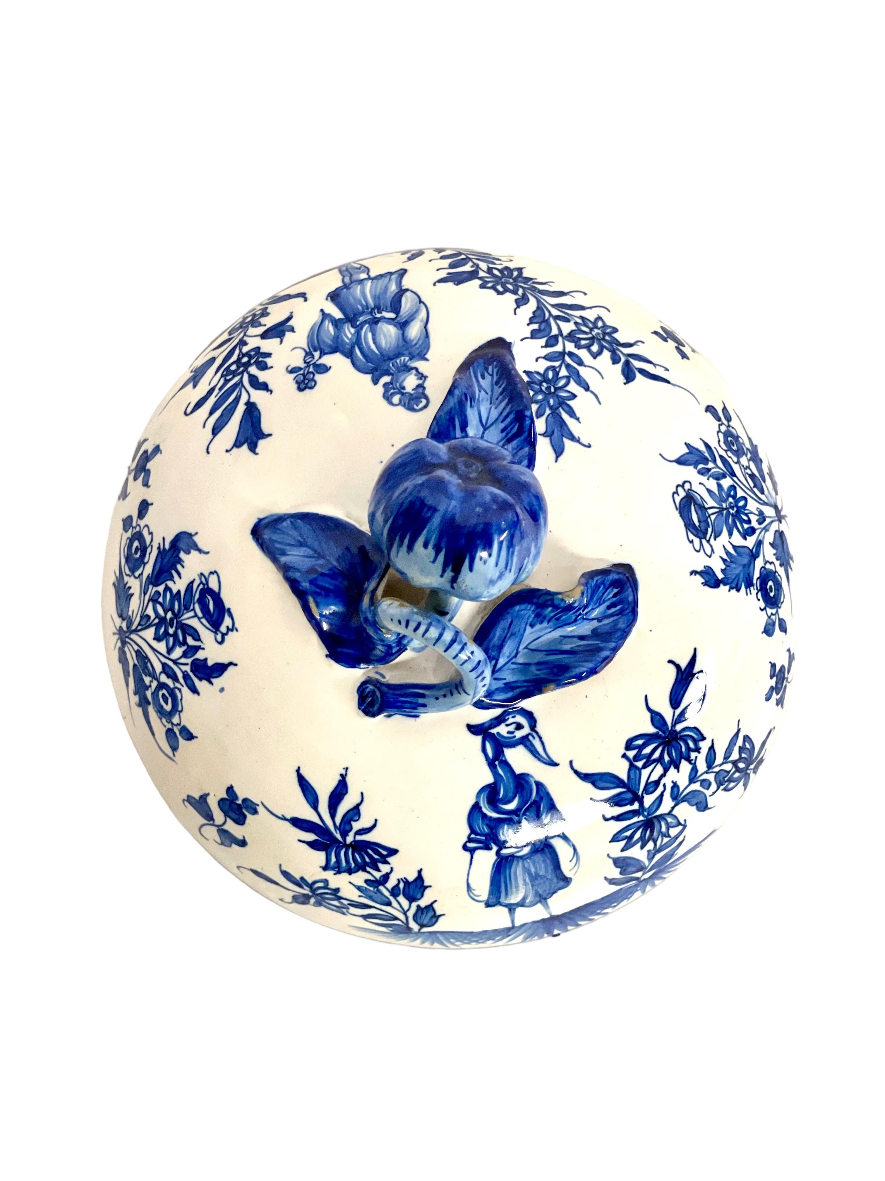 Blue and White Earthenware Lidded Tureen with Fantastical Decoration For Sale 3