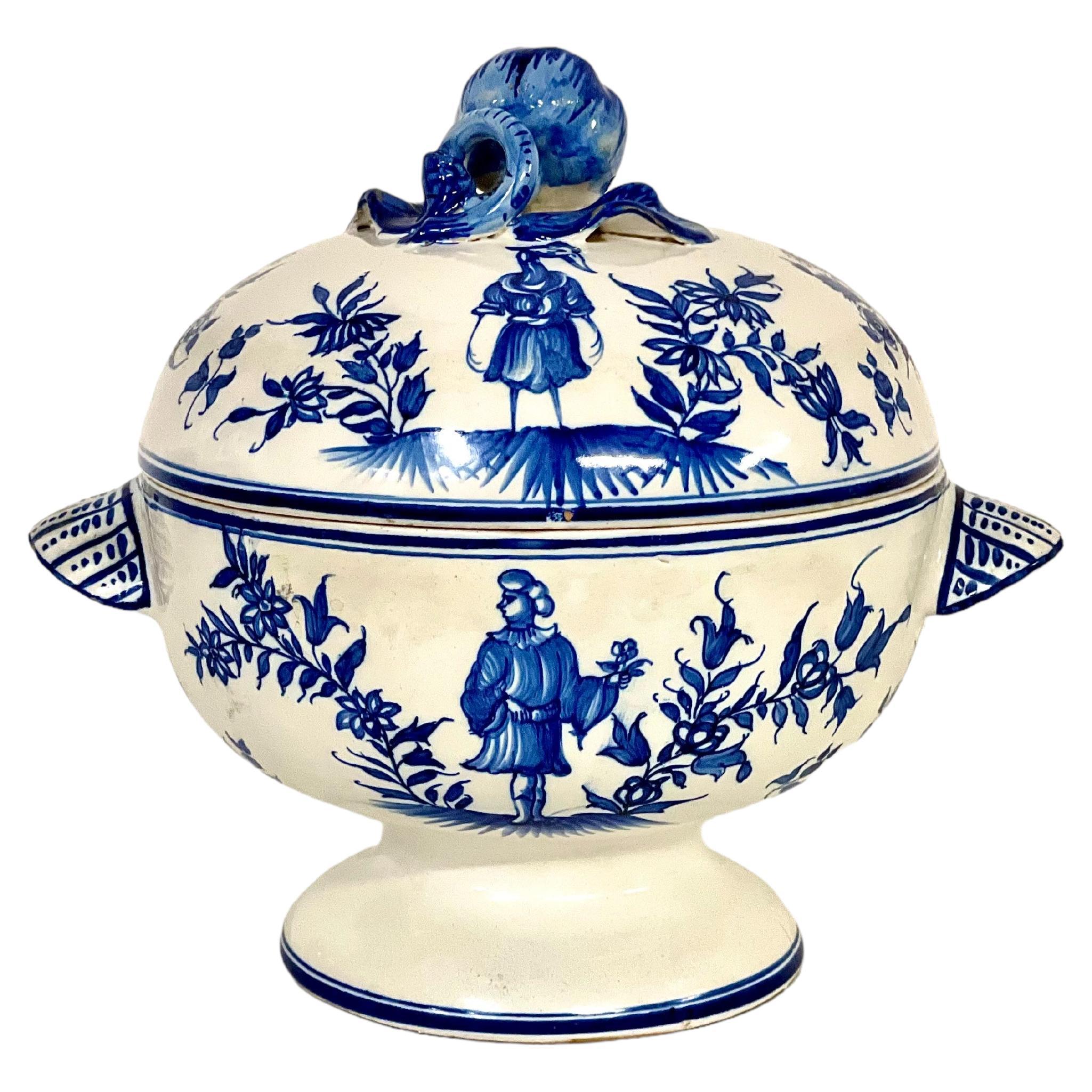 Blue and White Earthenware Lidded Tureen with Fantastical Decoration For Sale
