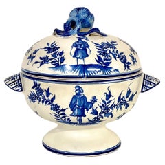 Antique Blue and White Earthenware Lidded Tureen with Fantastical Decoration