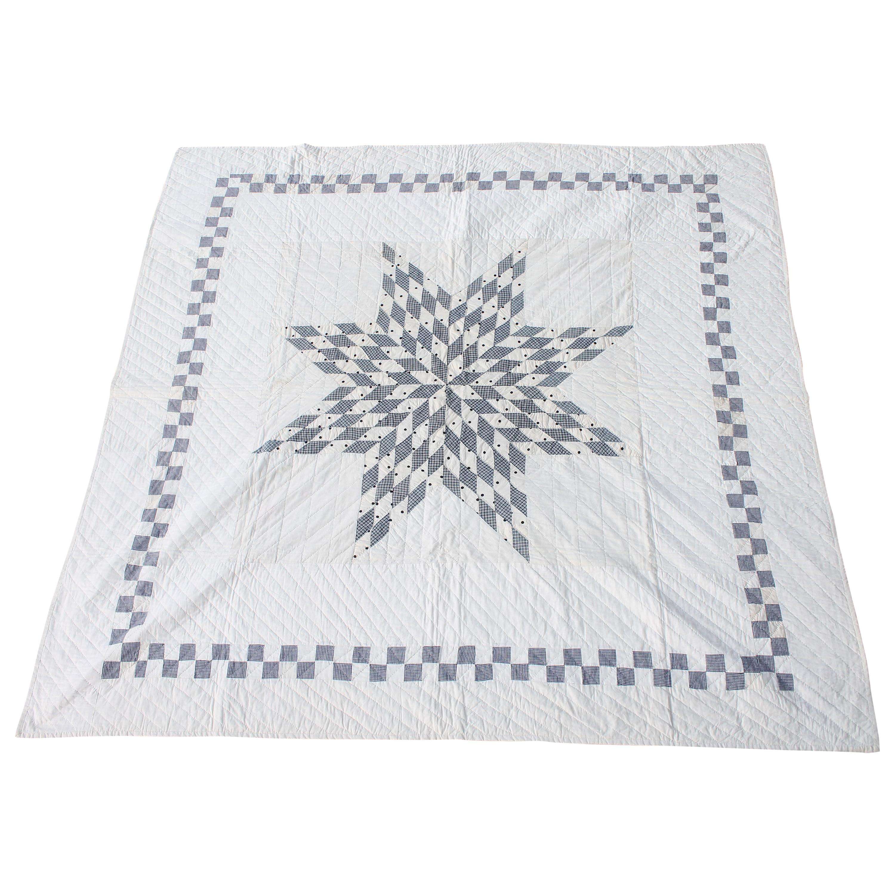 Blue and White Eight Point Star Quilt For Sale