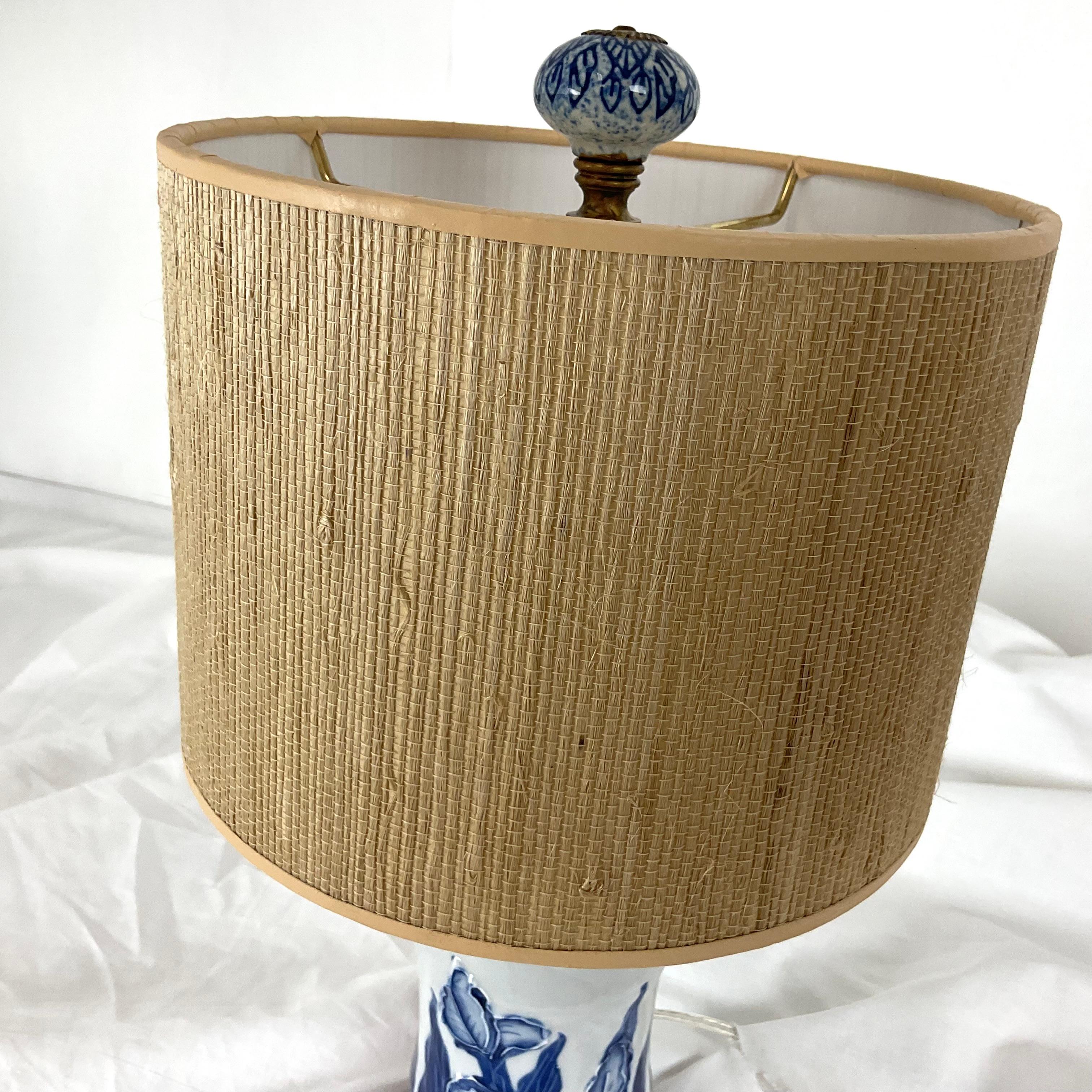 Blue and White English Porcelain Iris Mini Lamp with Grass Cloth Shade For Sale 8