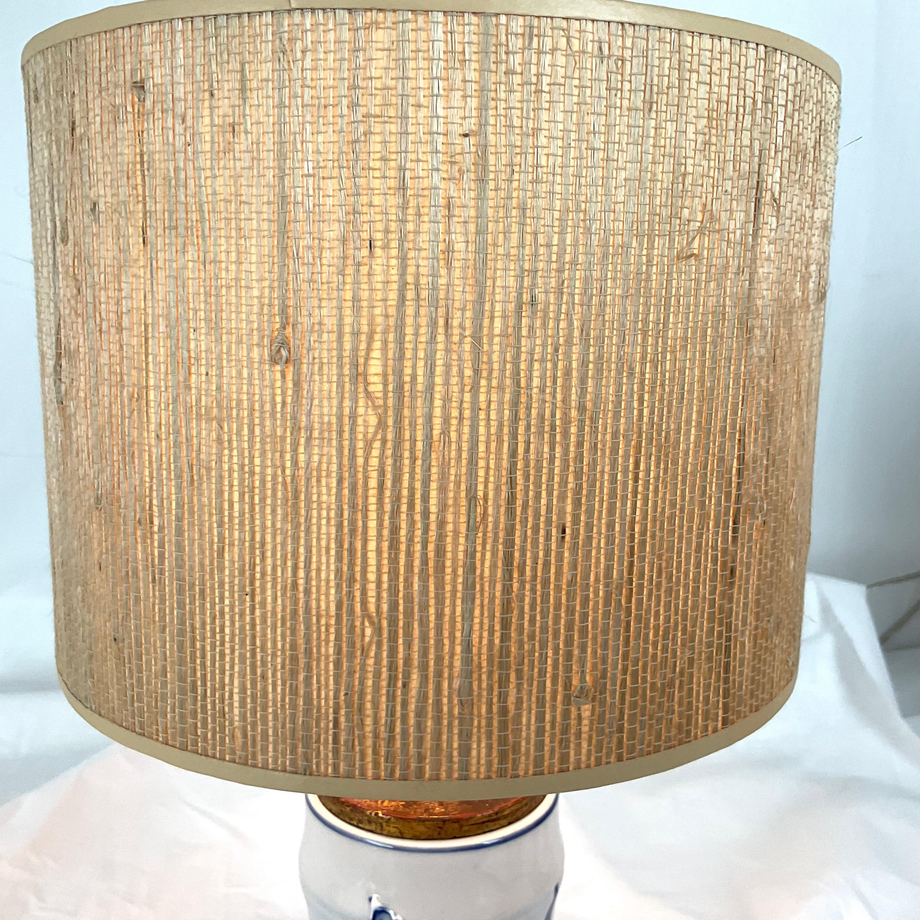 Blue and White English Porcelain Iris Mini Lamp with Grass Cloth Shade For Sale 2