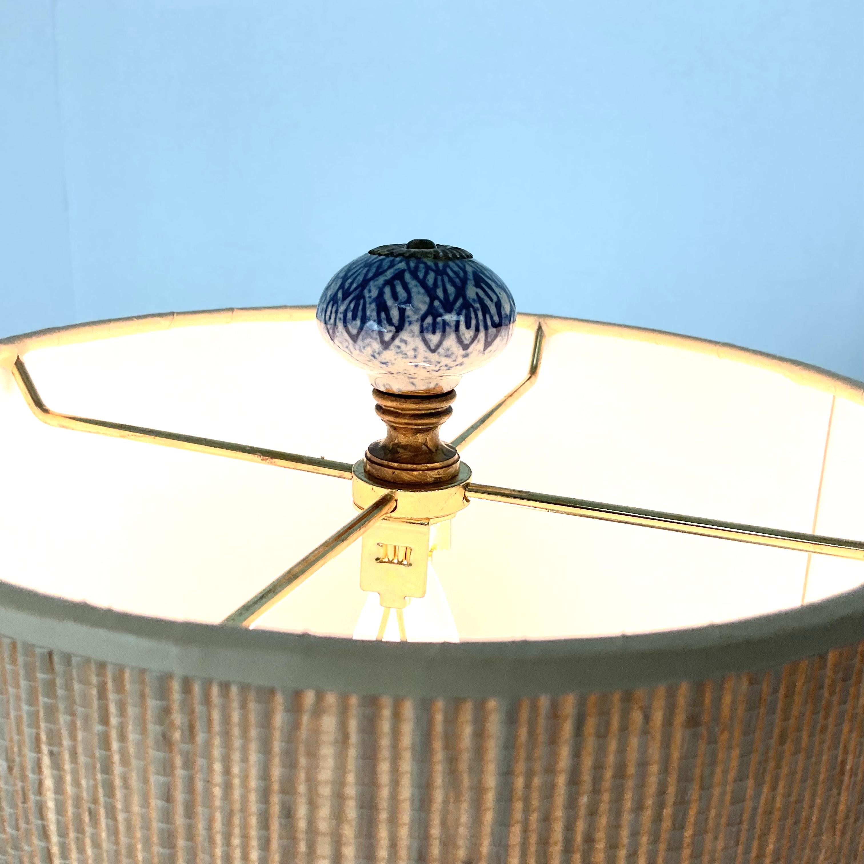 Blue and White English Porcelain Iris Mini Lamp with Grass Cloth Shade For Sale 3