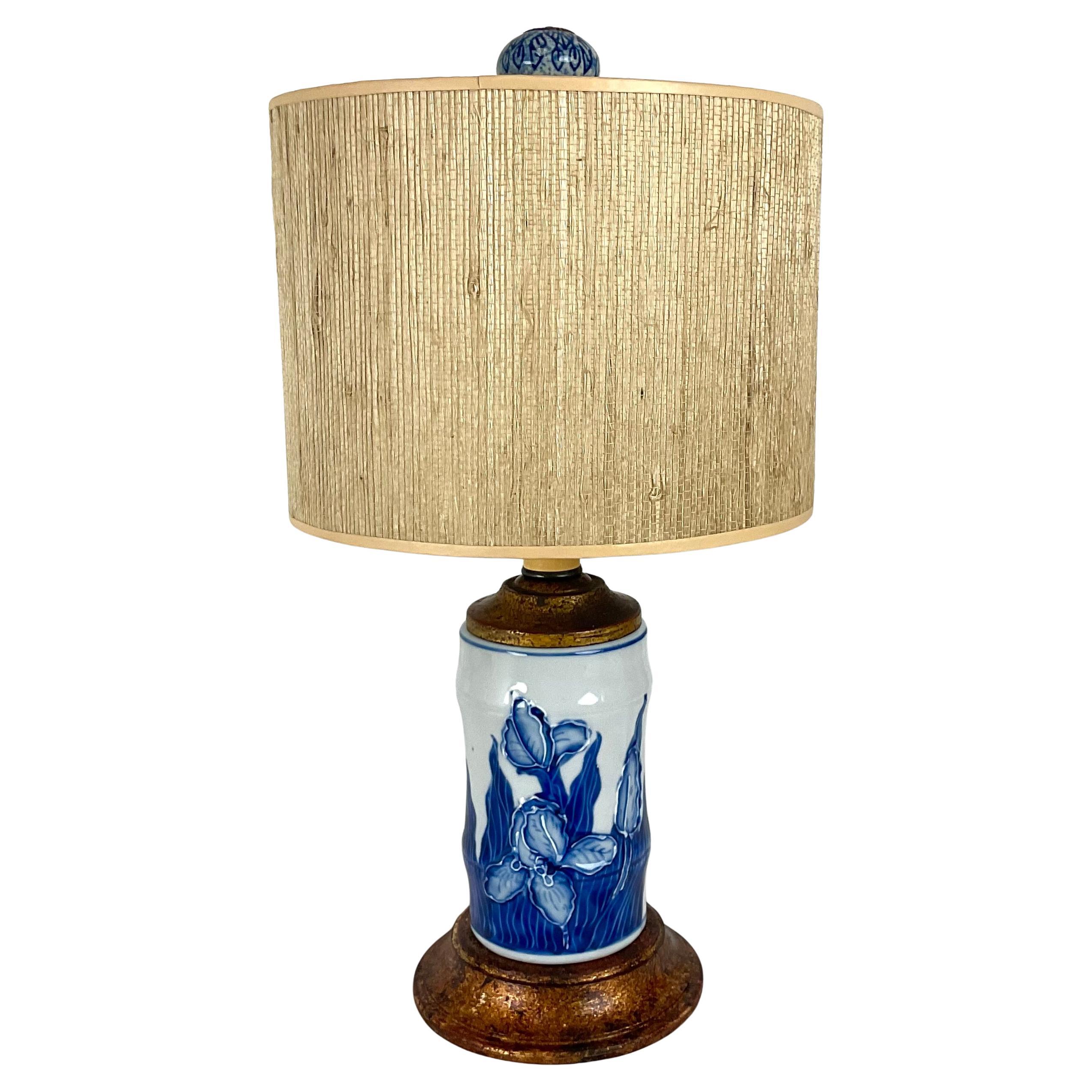 Blue and White English Porcelain Iris Mini Lamp with Grass Cloth Shade For Sale