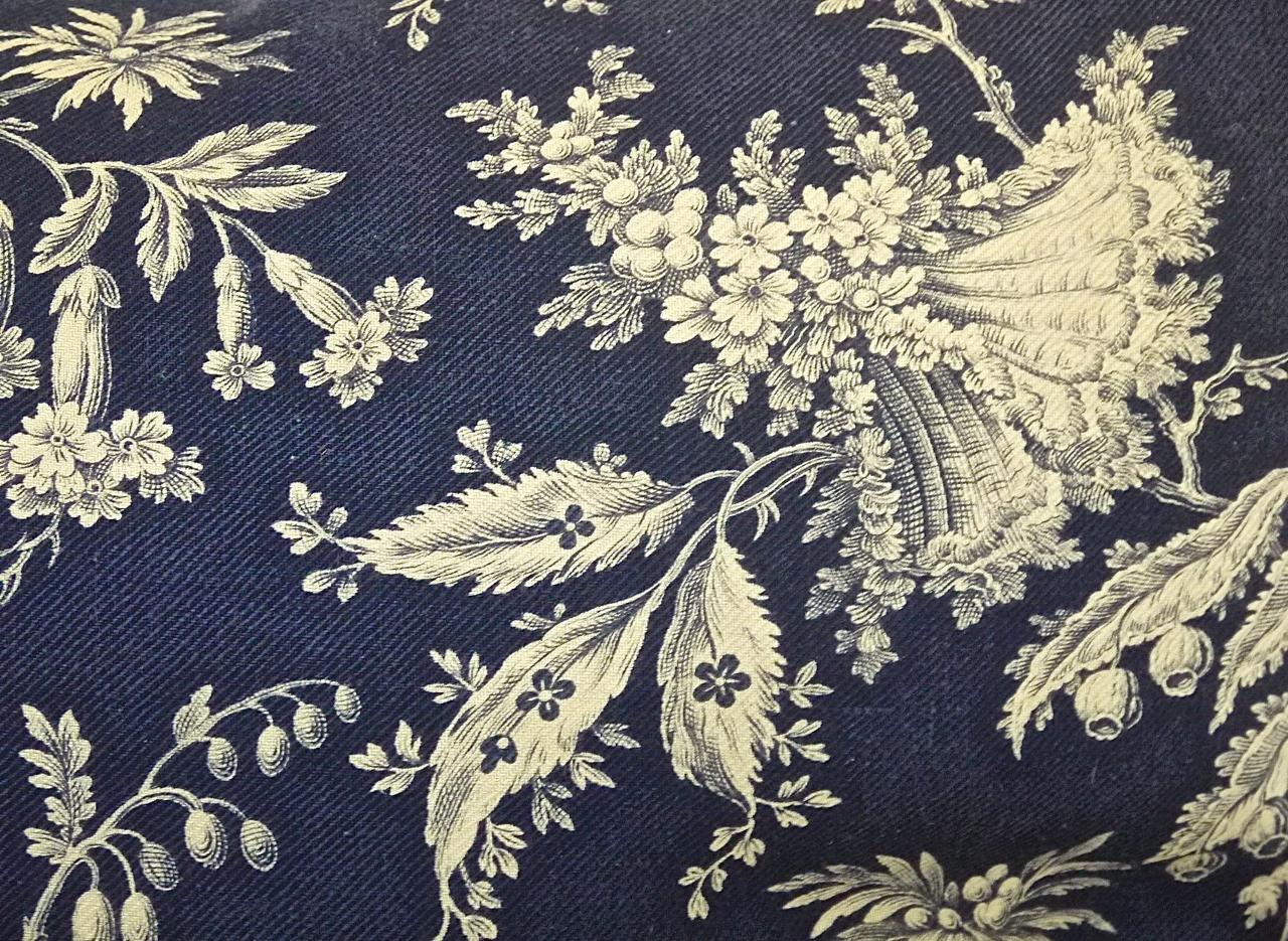 Blue and White Exotic Flowers Cotton Pillow, French, 19th Century For Sale 1
