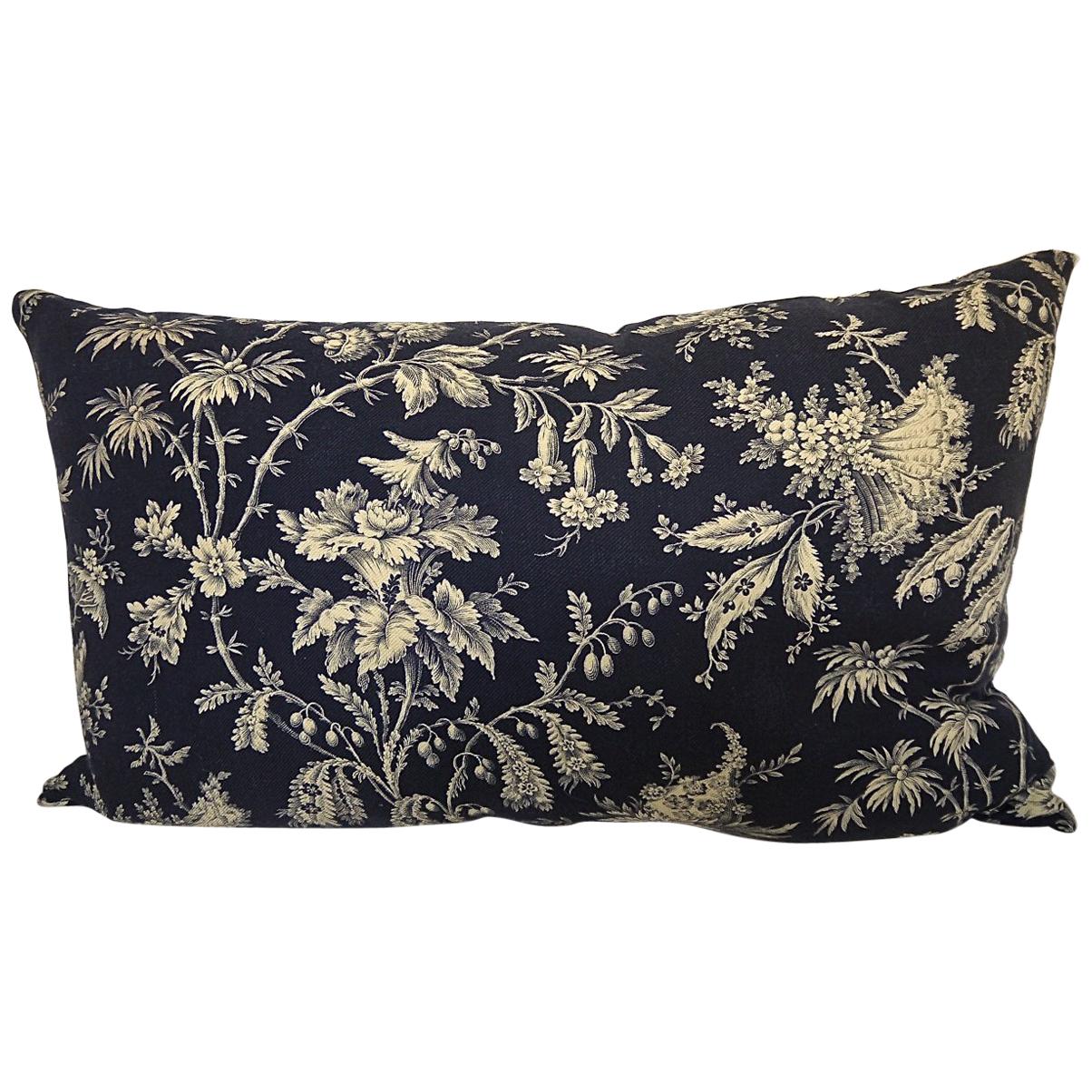 Blue and White Exotic Flowers Cotton Pillow, French, 19th Century For Sale