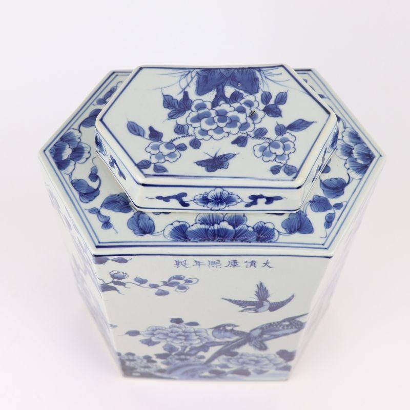 Chinese Blue and White Flat Hex Shape Bird Floral Porcelain Tea Jar For Sale