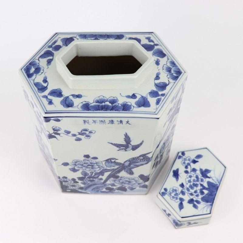 Hand-Carved Blue and White Flat Hex Shape Bird Floral Porcelain Tea Jar For Sale