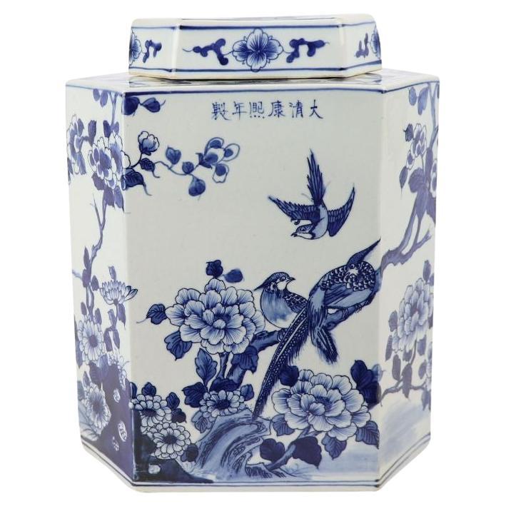 Blue and White Flat Hex Shape Bird Floral Porcelain Tea Jar