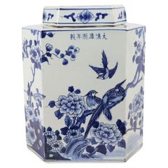 Blue and White Flat Hex Shape Bird Floral Porcelain Tea Jar
