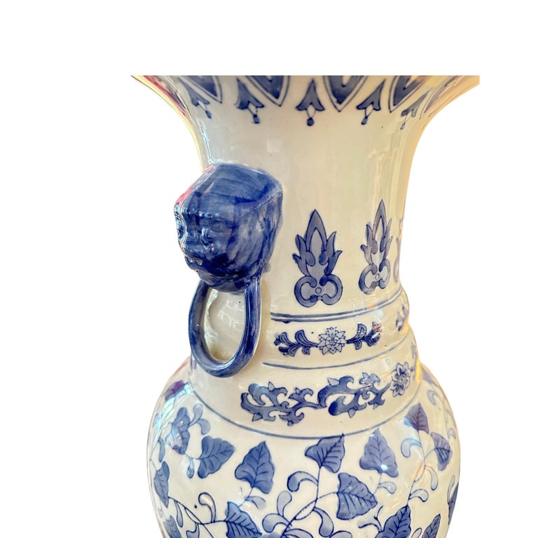 Blue and White Floral Asian Floor Vase For Sale at 1stDibs