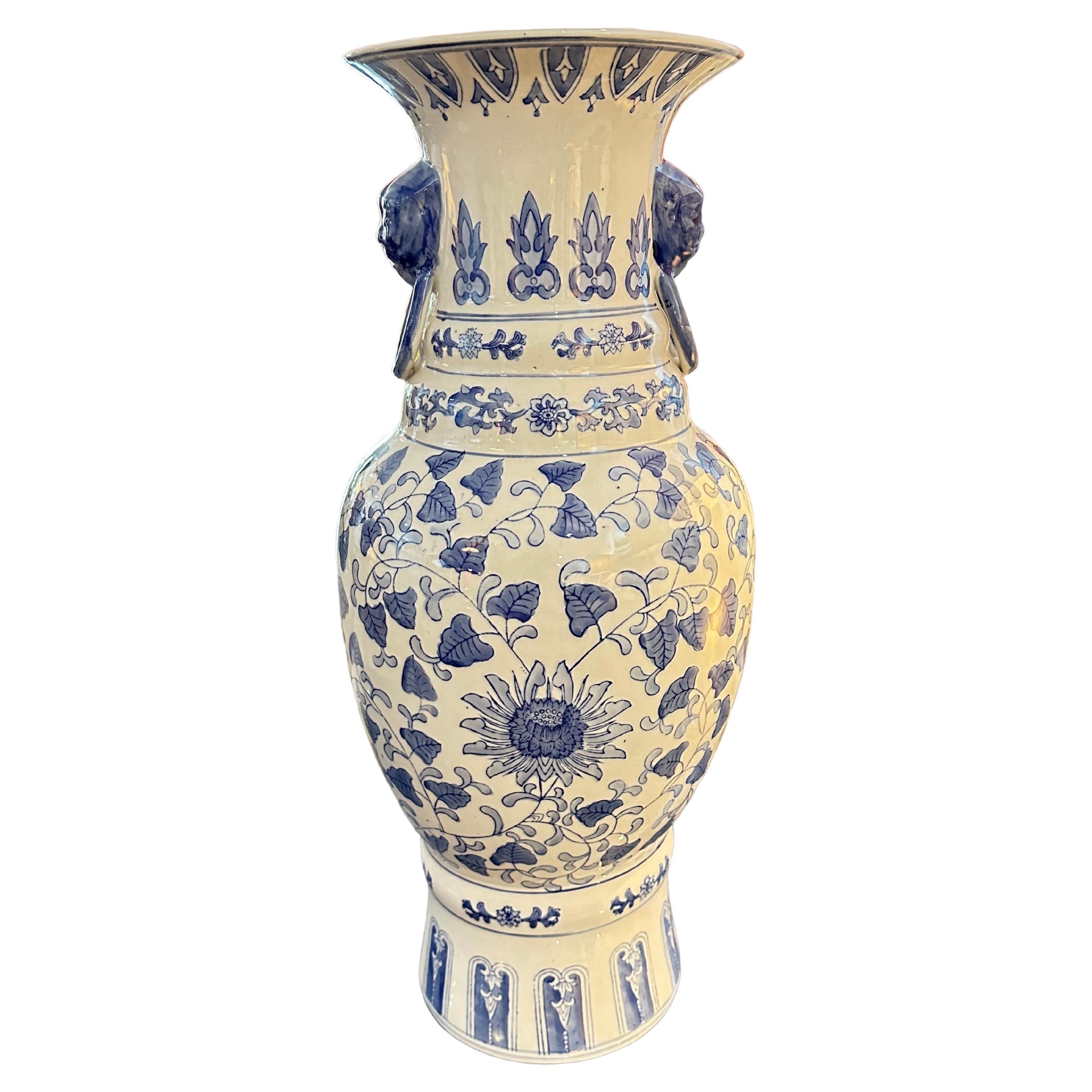 Blue and White Floral Asian Floor Vase