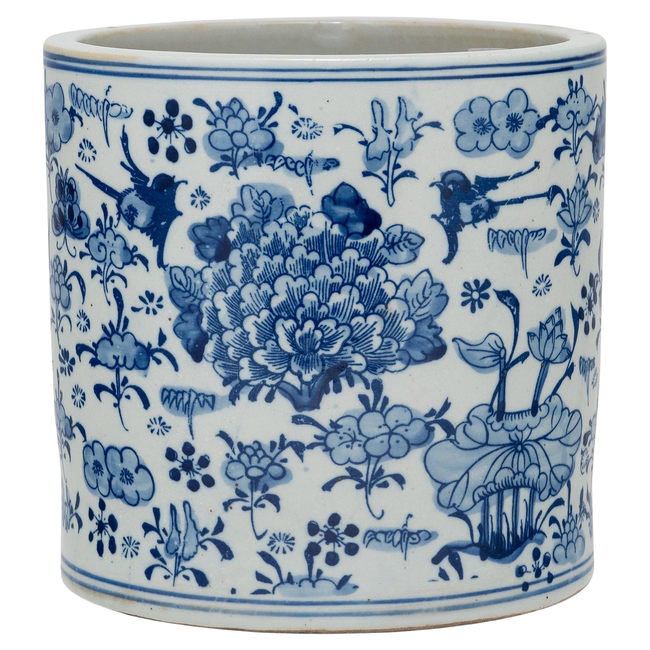 Blue and White Floral Brush Pot