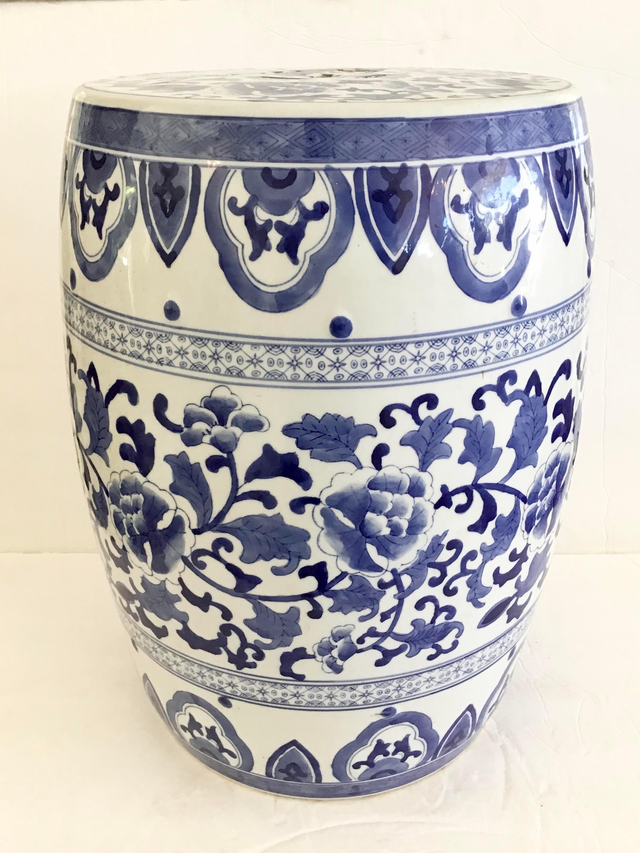 Chinoiserie Blue and White Floral Ceramic Garden Seat