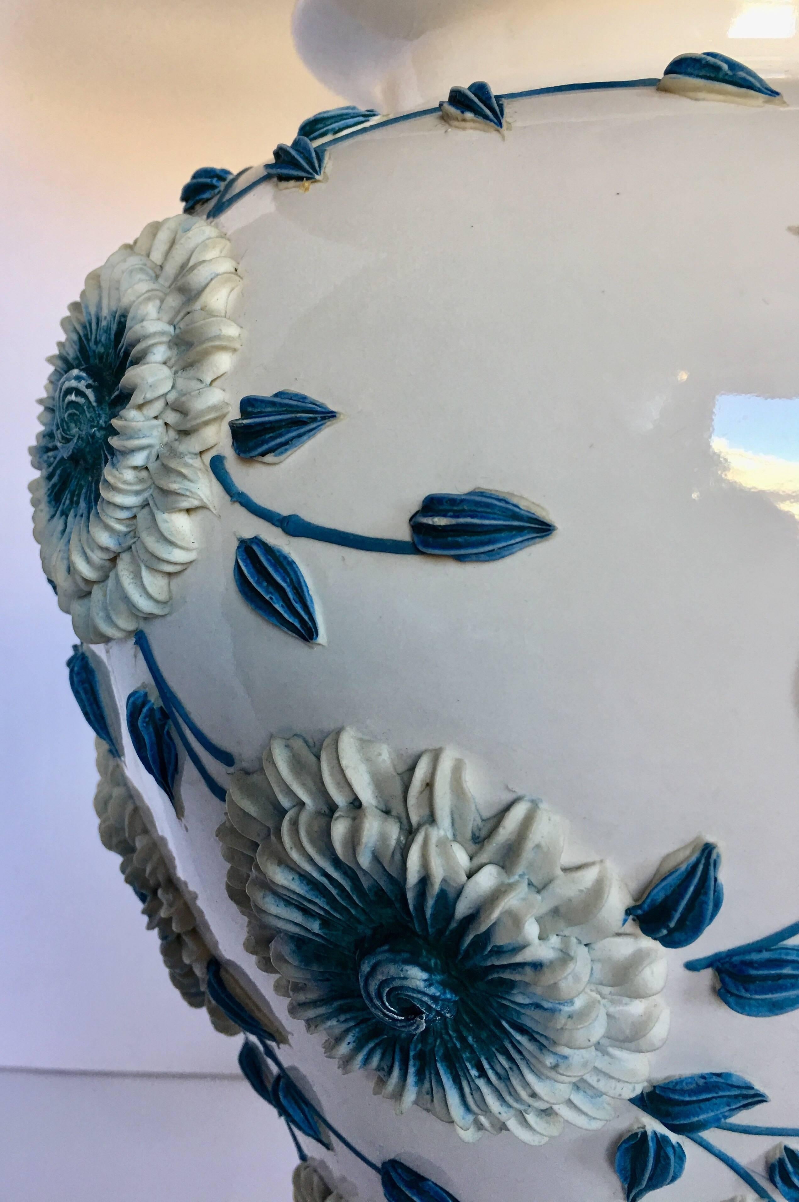 Mid-Century Modern Blue and White Floral Porcelain Ginger Jar Table Lamp