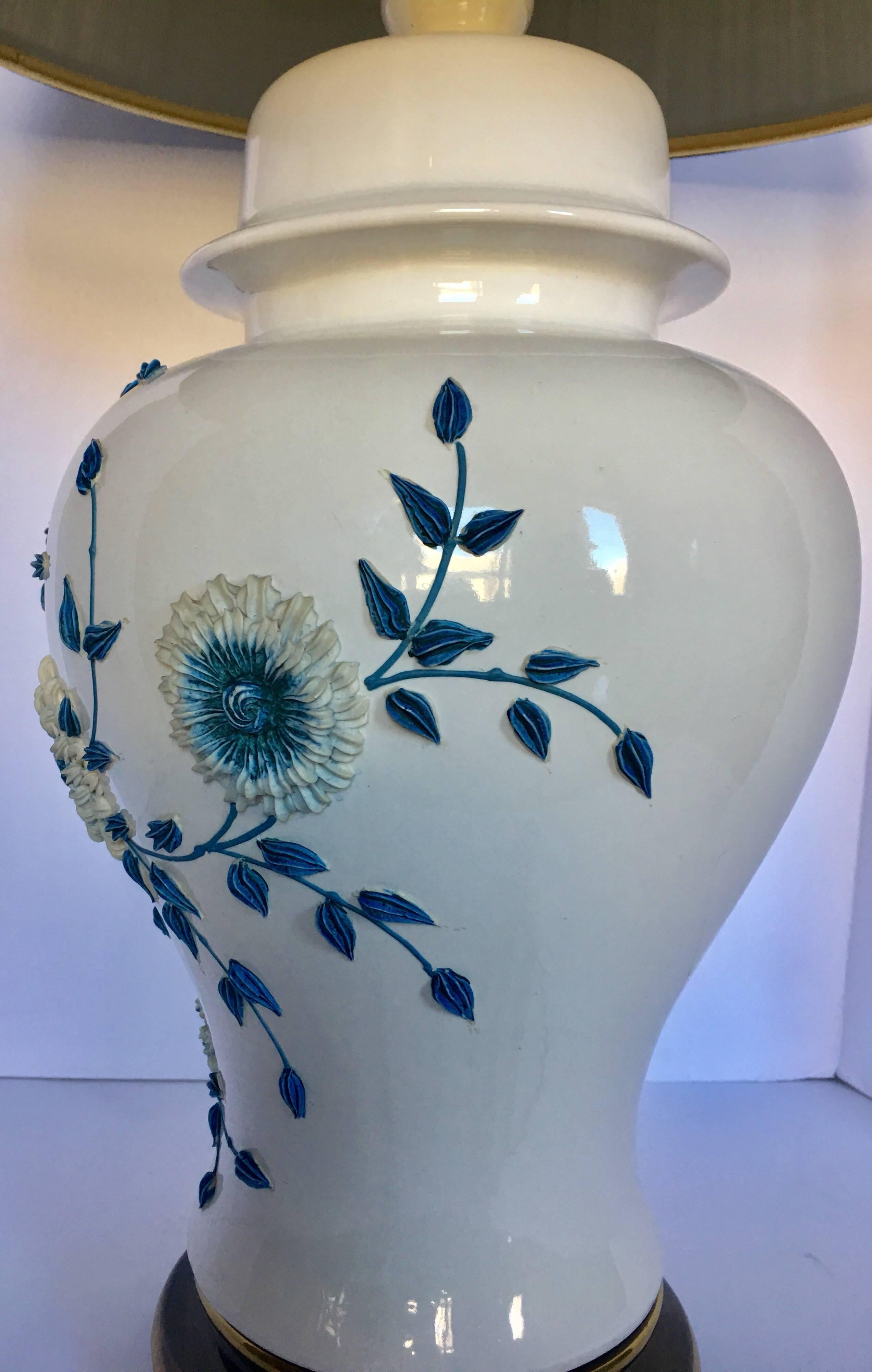 Late 20th Century Blue and White Floral Porcelain Ginger Jar Table Lamp