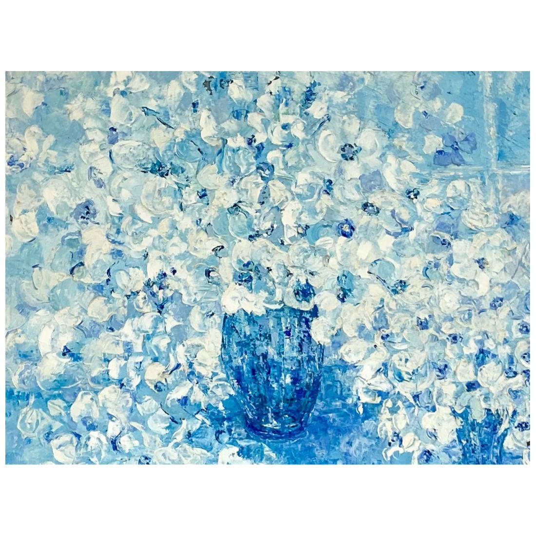 A blue and white floral signed painting. This captivating painted floral still life, signed indistinctly, presents a somewhat abstract interpretation of nature. The composition features bold, thick brushstrokes in shades of blue and white, creating