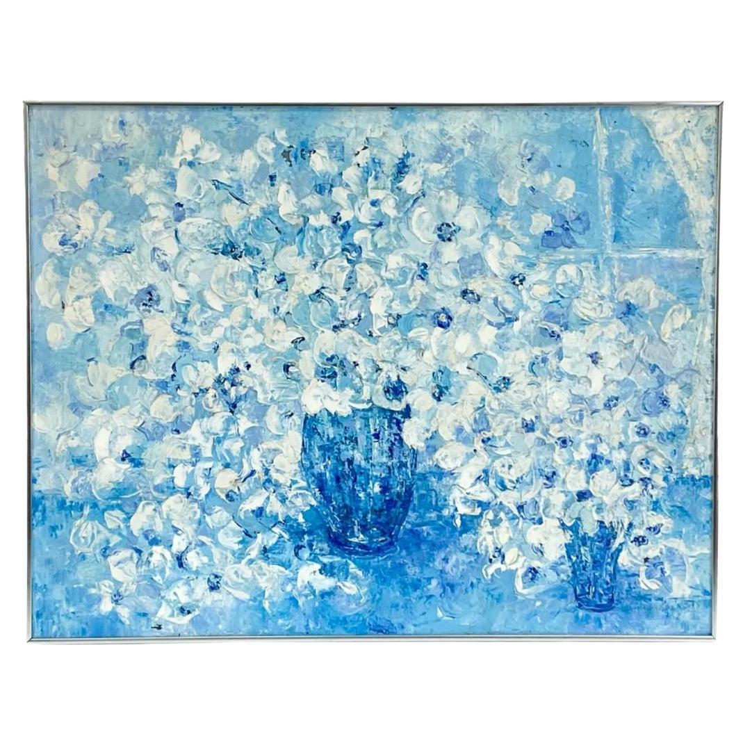 Quadro firmato con fiori blu e bianchi