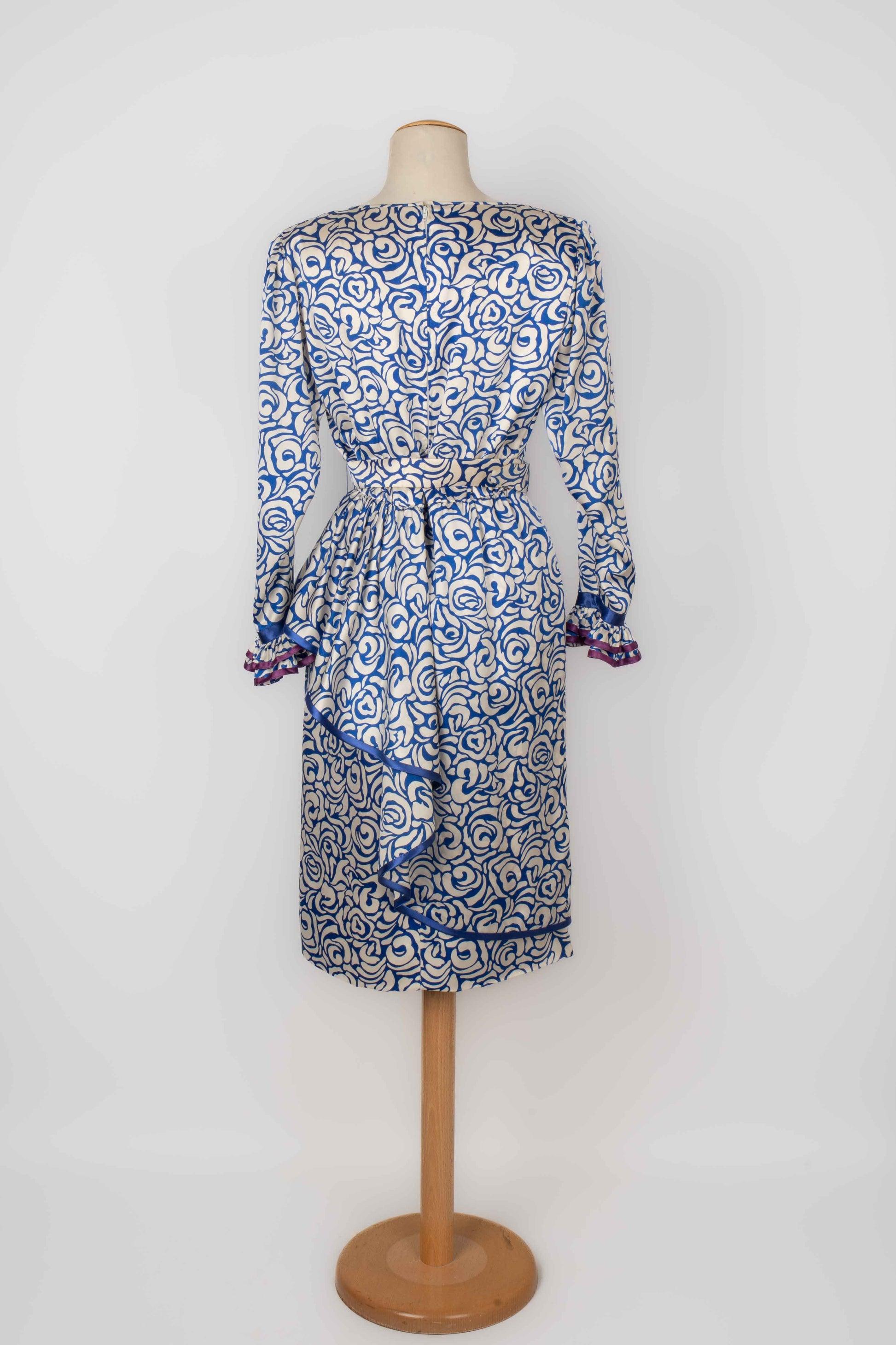 Gray Blue and white Flounced Printed Silk Dress with Purple and Blue Satin Braids For Sale