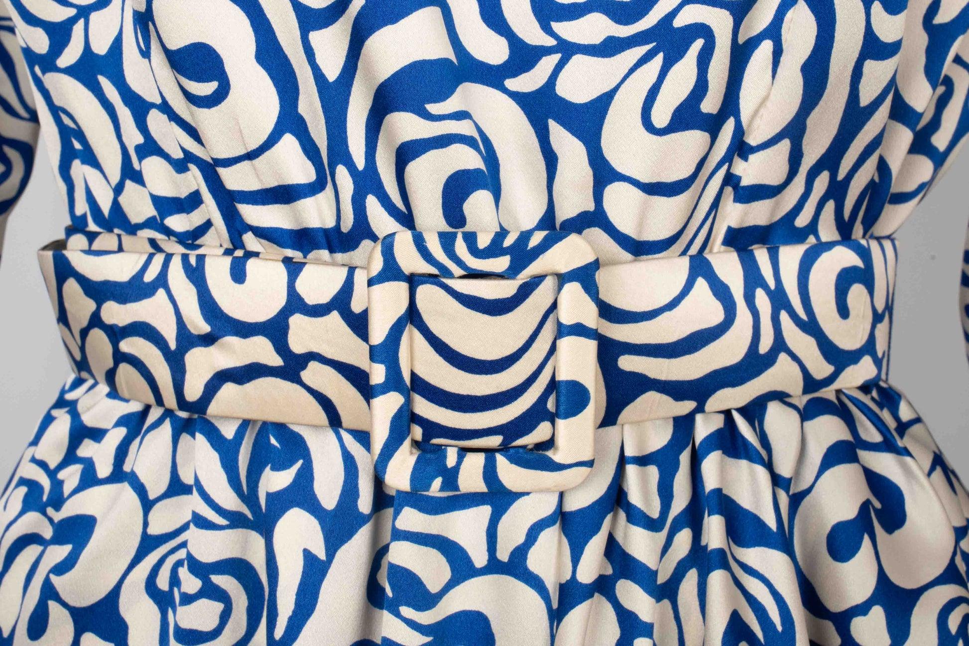 Women's Blue and white Flounced Printed Silk Dress with Purple and Blue Satin Braids For Sale