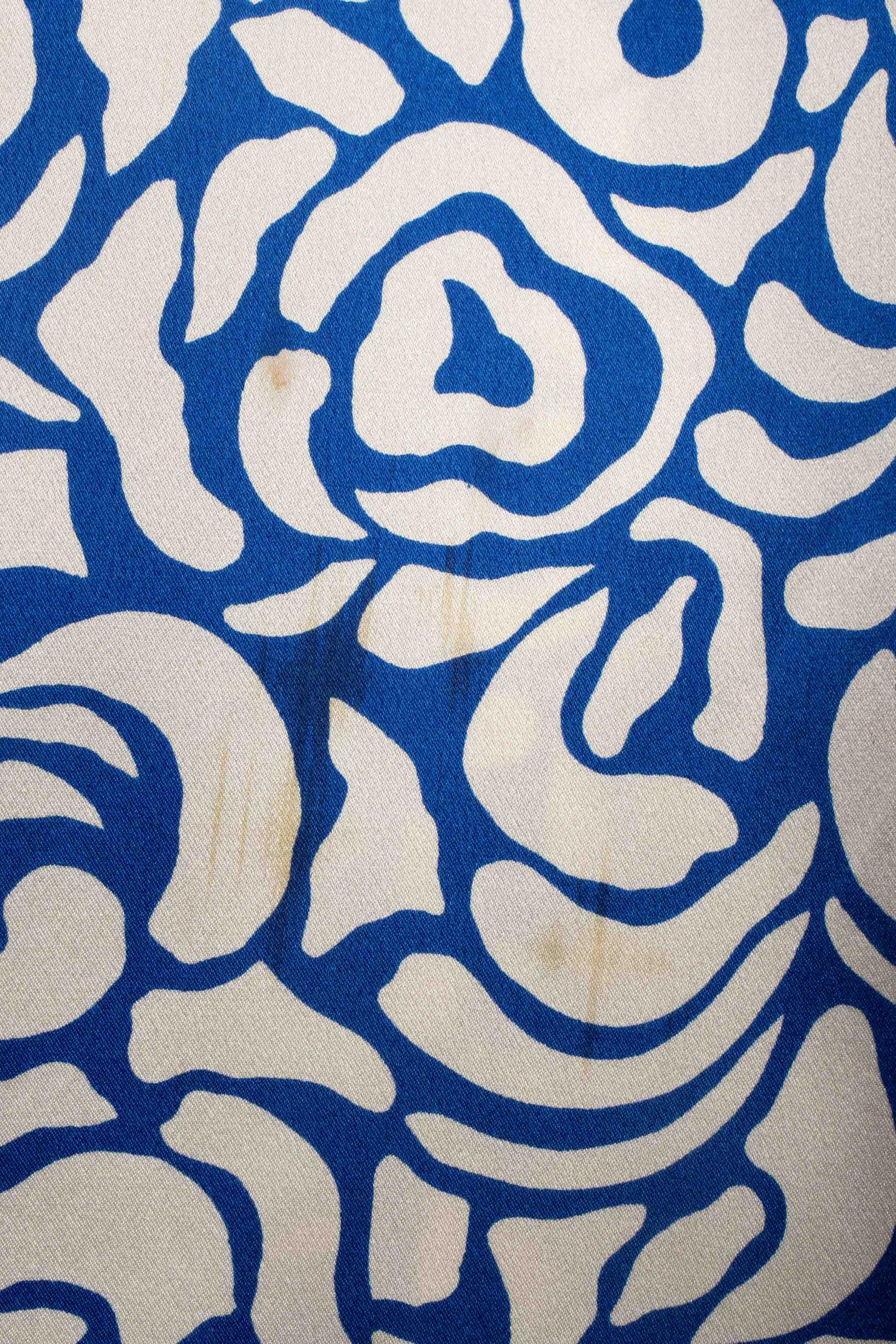 Blue and white Flounced Printed Silk Dress with Purple and Blue Satin Braids For Sale 1