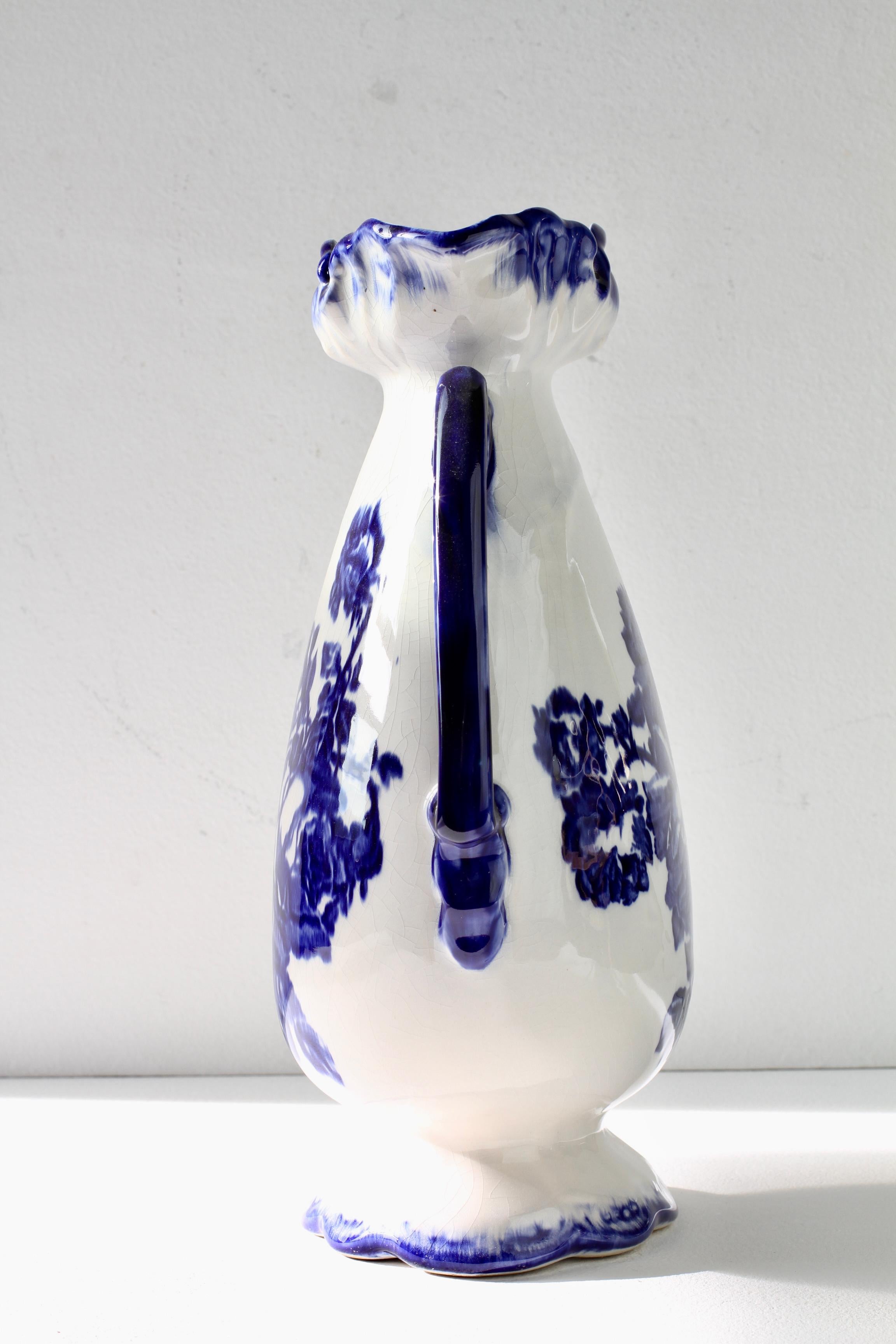 Blue and White Flowers Victorian Style Staffordshire Ironstone Pottery Vase For Sale 4