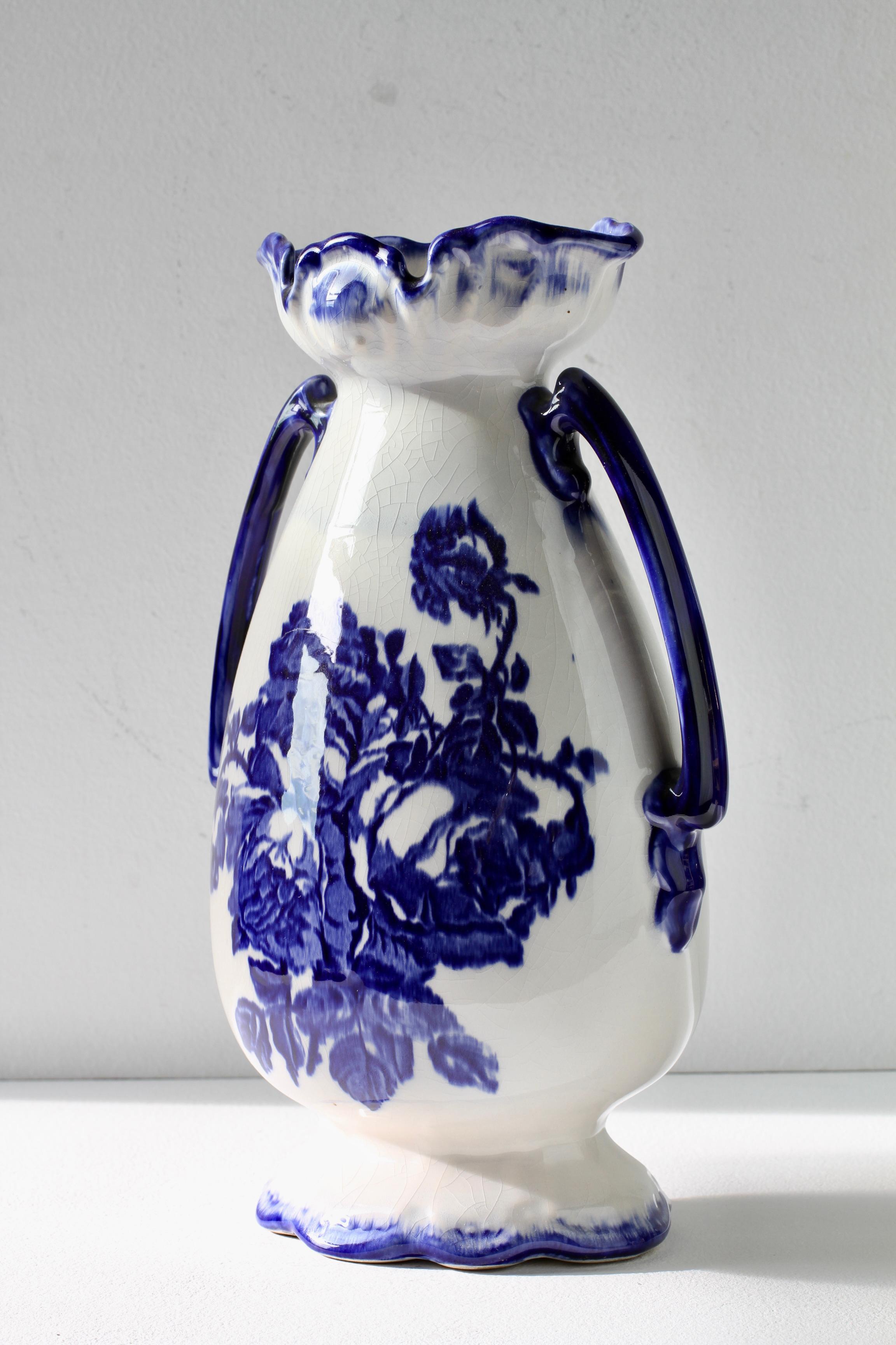 Blue and White Flowers Victorian Style Staffordshire Ironstone Pottery Vase For Sale 5
