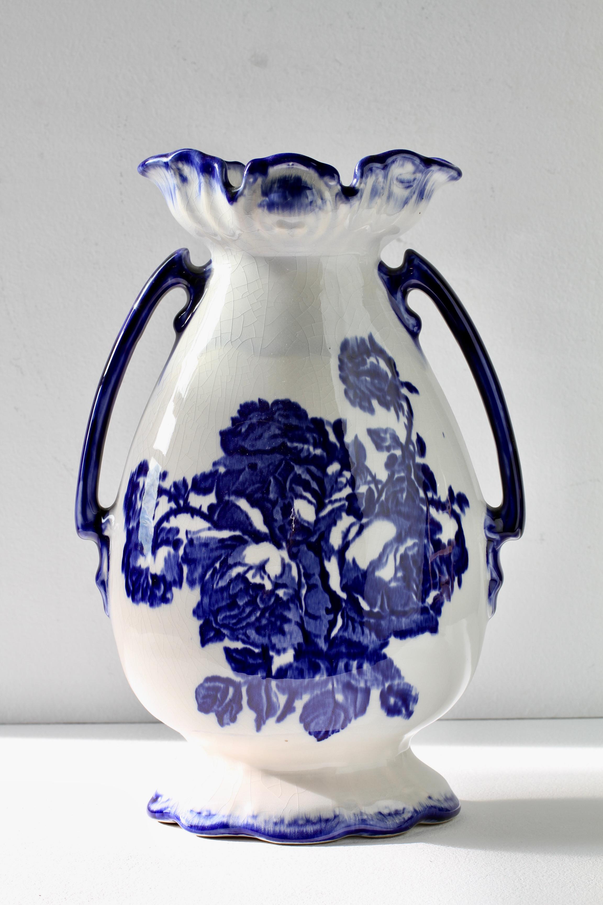 Blue and White Flowers Victorian Style Staffordshire Ironstone Pottery Vase For Sale 6