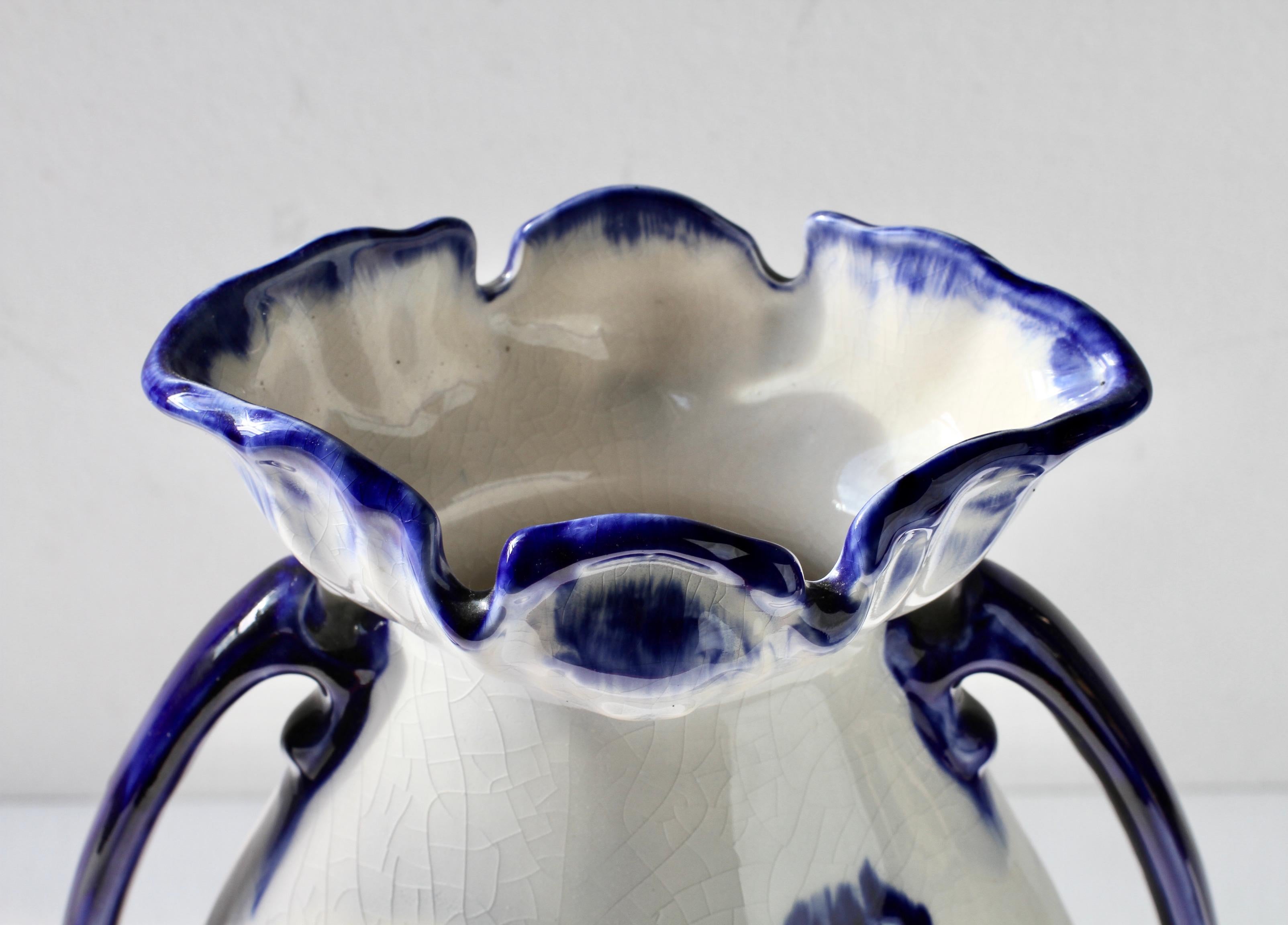 Blue and White Flowers Victorian Style Staffordshire Ironstone Pottery Vase For Sale 8