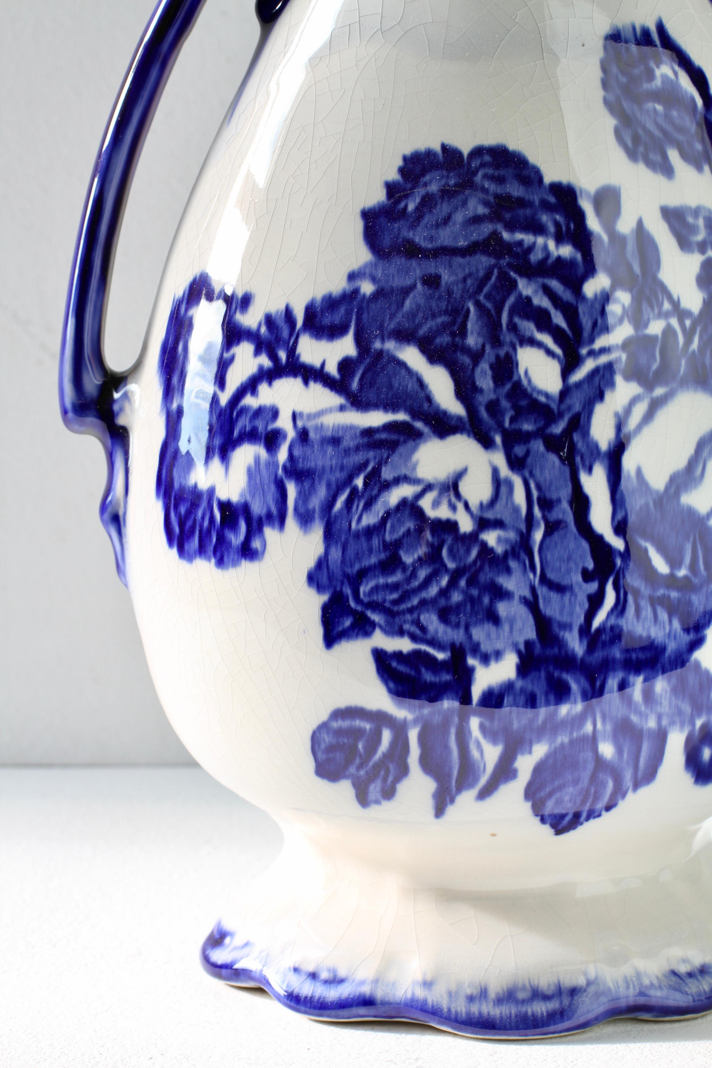 Blue and White Flowers Victorian Style Staffordshire Ironstone Pottery Vase For Sale 9
