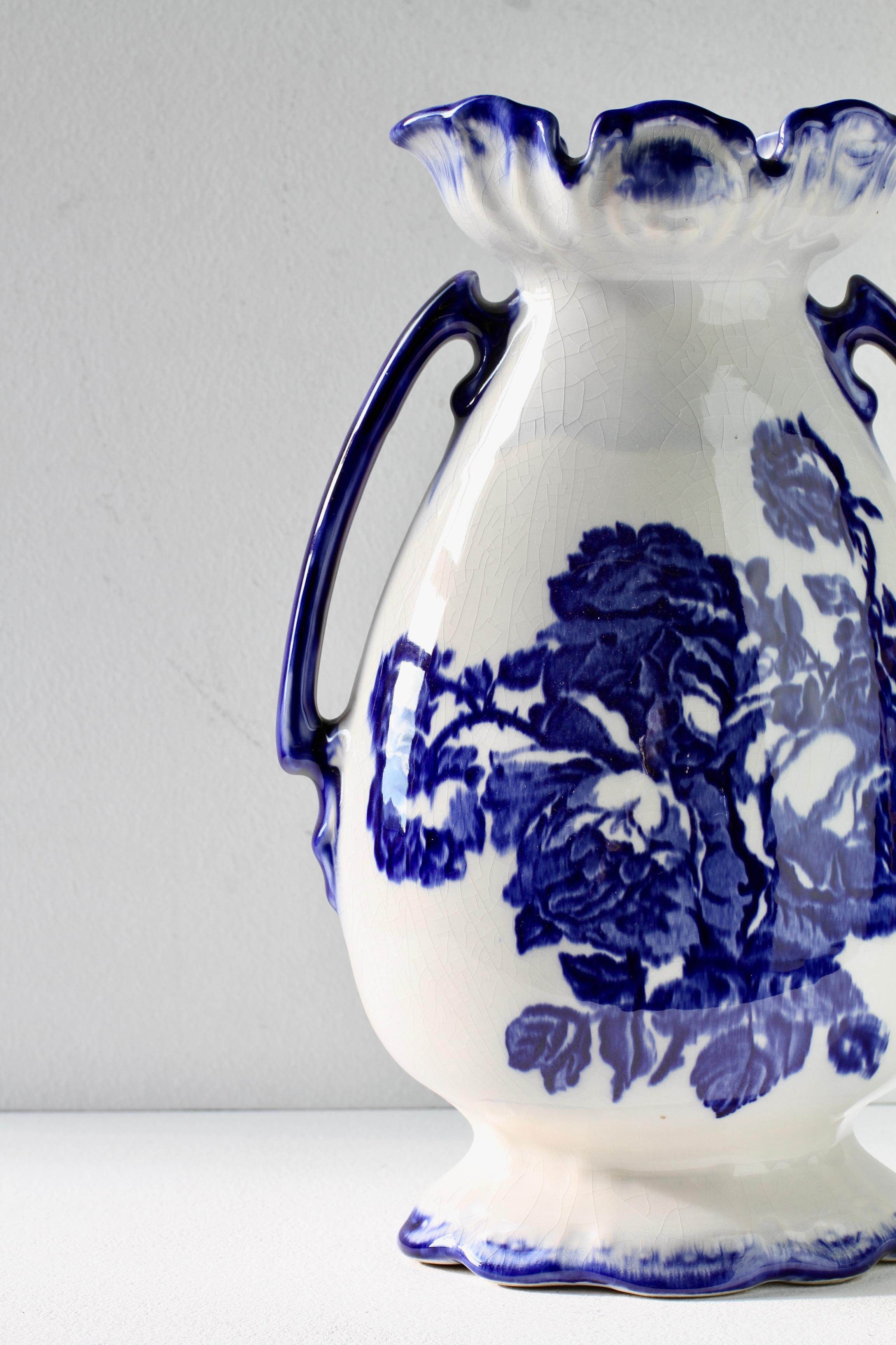 Blue and White Flowers Victorian Style Staffordshire Ironstone Pottery Vase For Sale 10