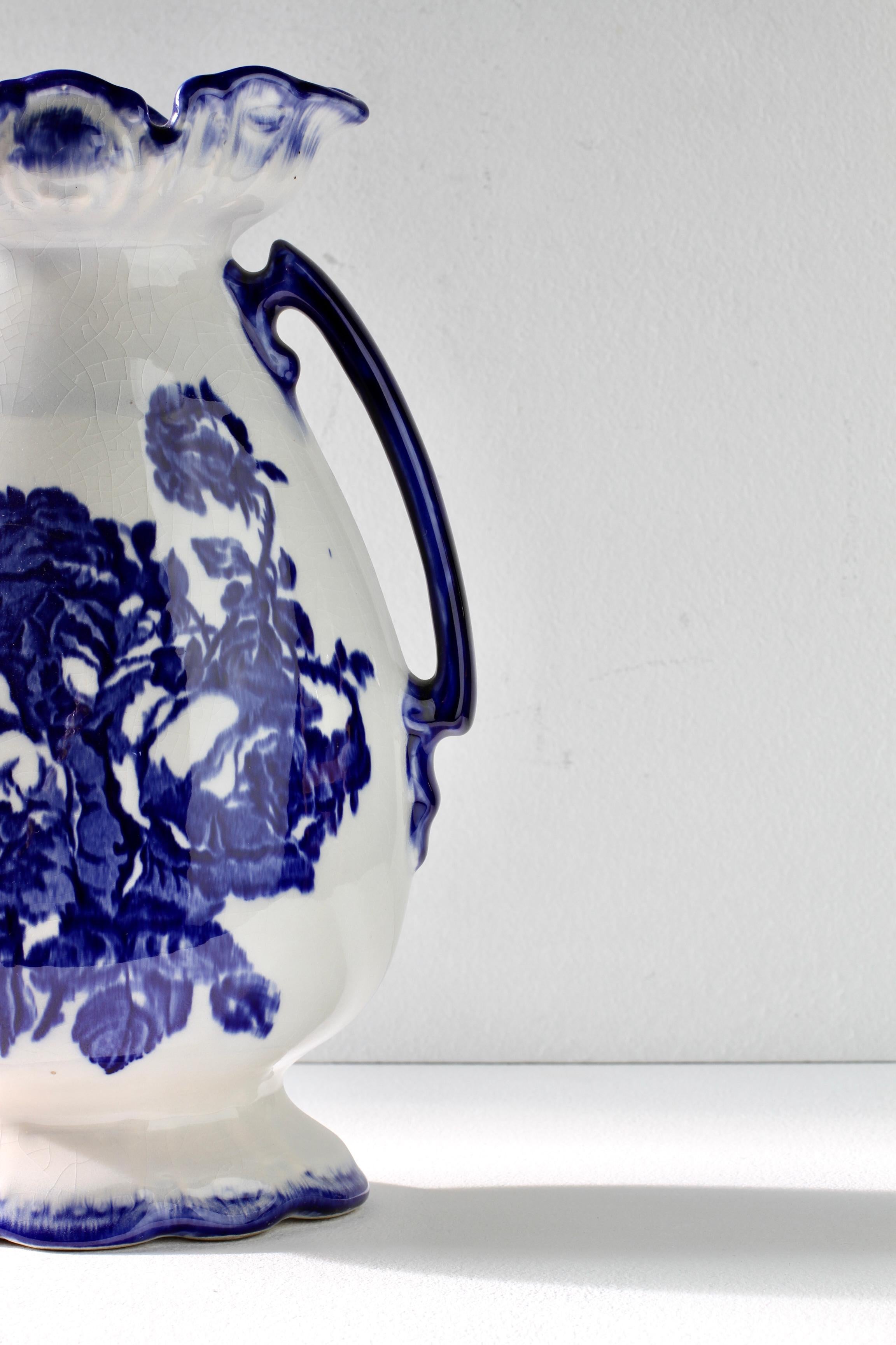 Blue and White Flowers Victorian Style Staffordshire Ironstone Pottery Vase For Sale 11