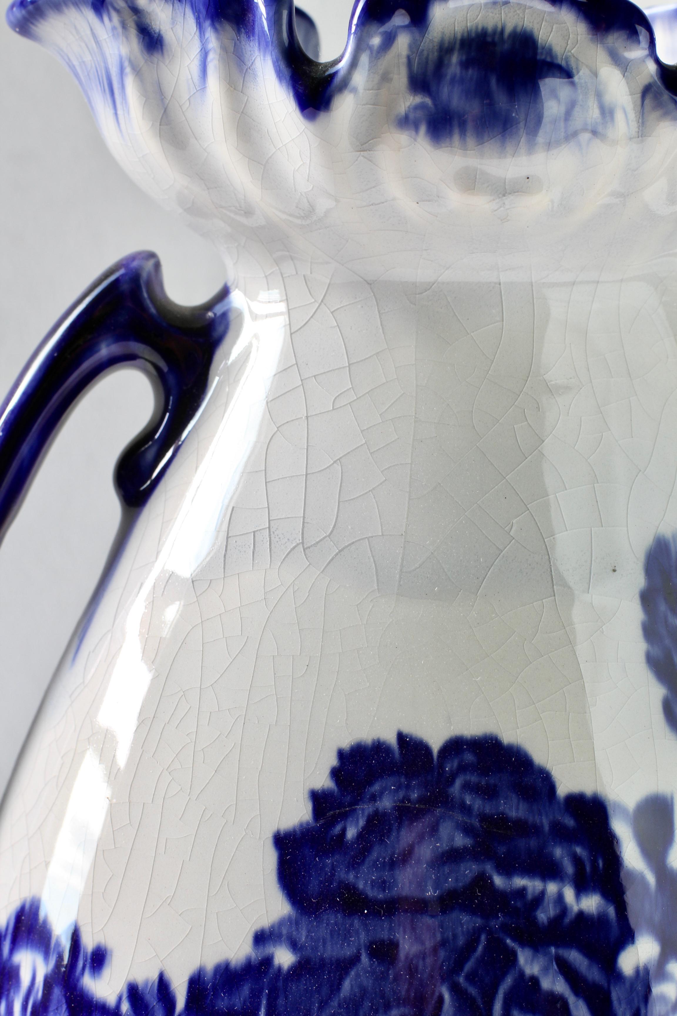Blue and White Flowers Victorian Style Staffordshire Ironstone Pottery Vase For Sale 12