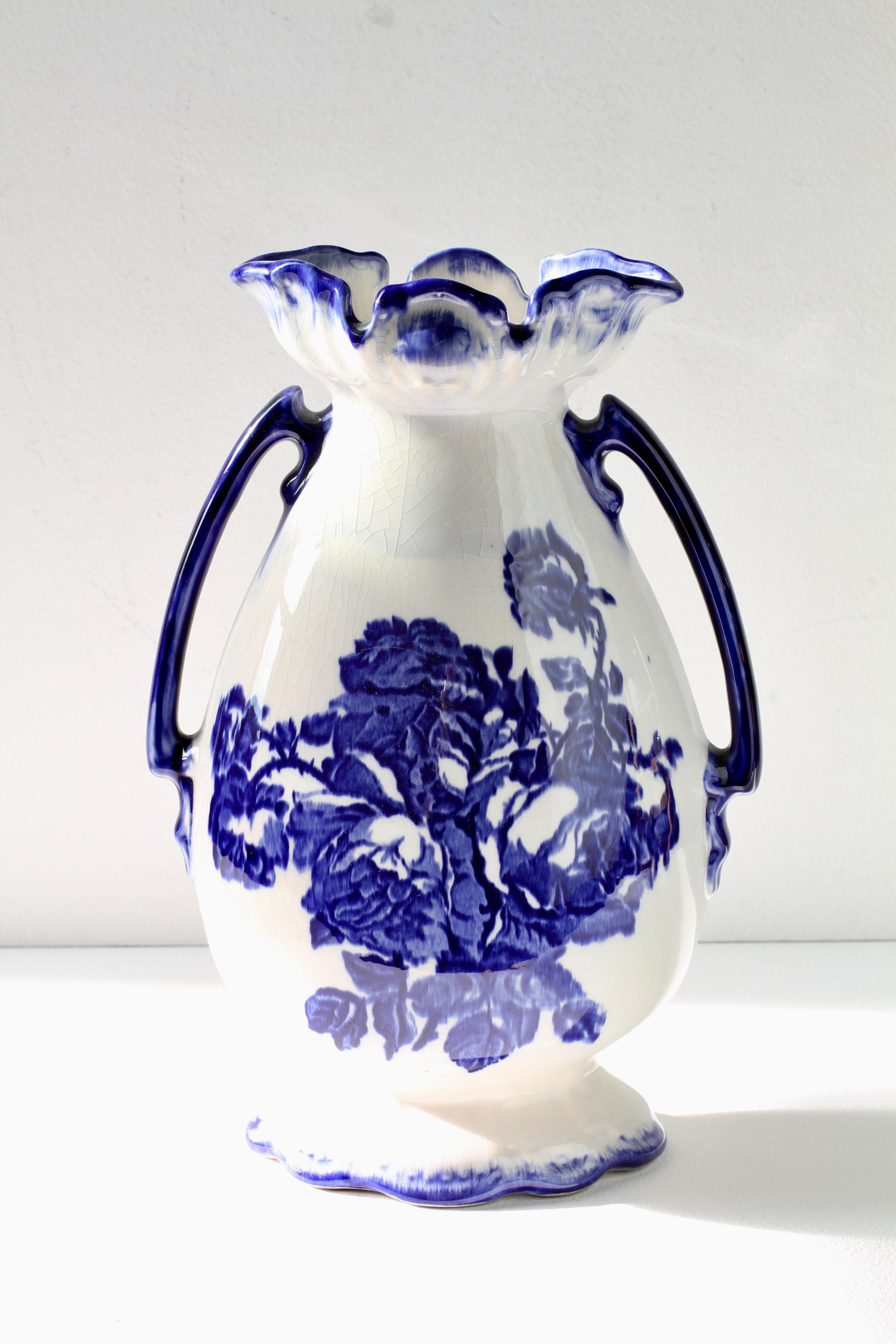 Fired Blue and White Flowers Victorian Style Staffordshire Ironstone Pottery Vase For Sale