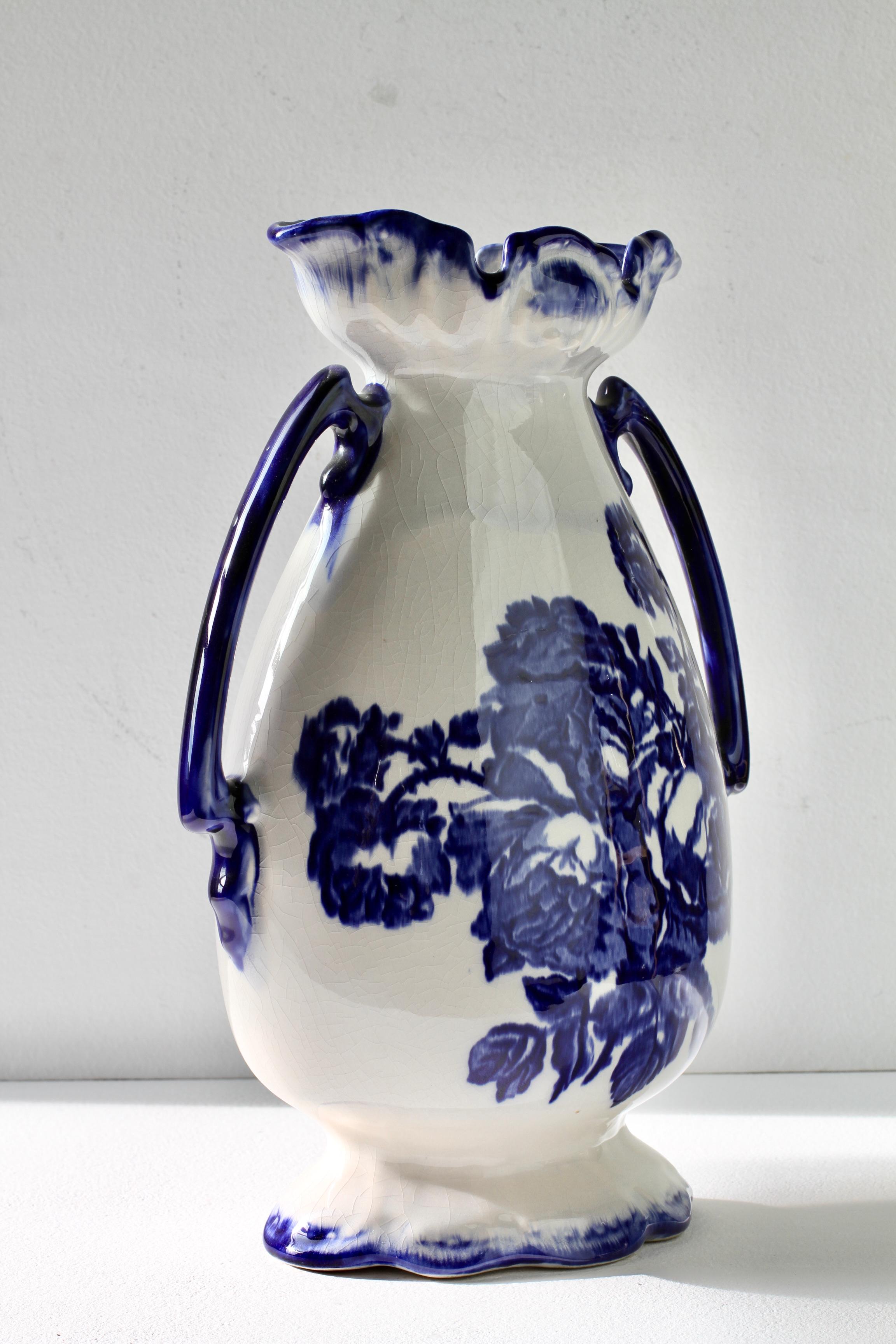 Late 20th Century Blue and White Flowers Victorian Style Staffordshire Ironstone Pottery Vase For Sale