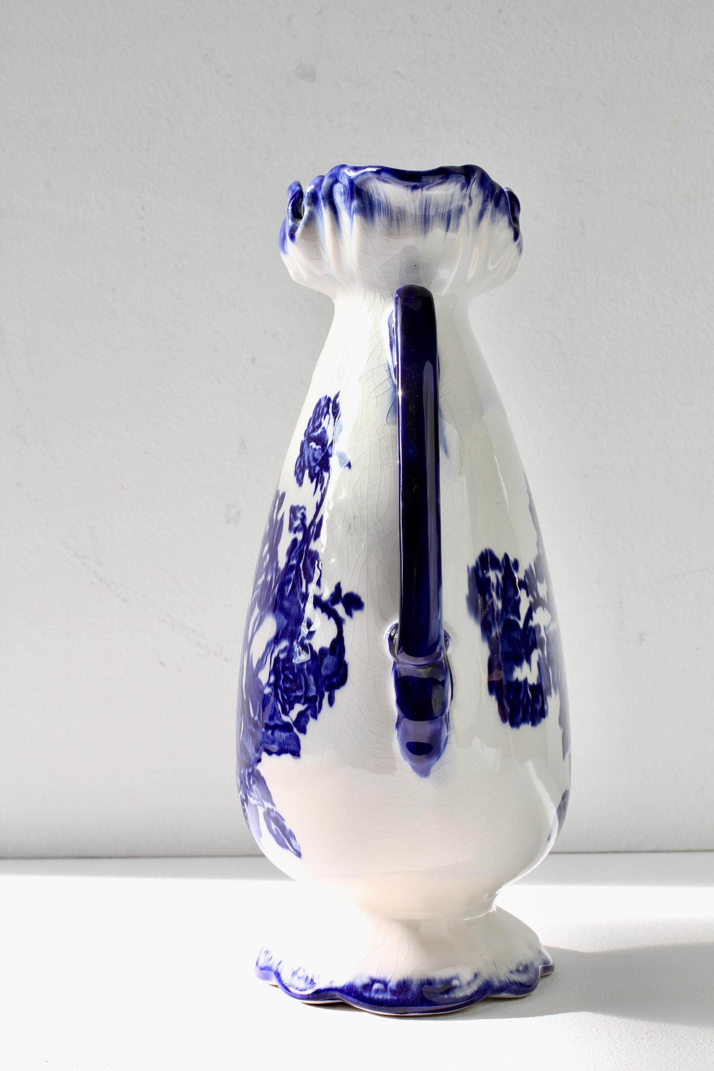 Clay Blue and White Flowers Victorian Style Staffordshire Ironstone Pottery Vase For Sale