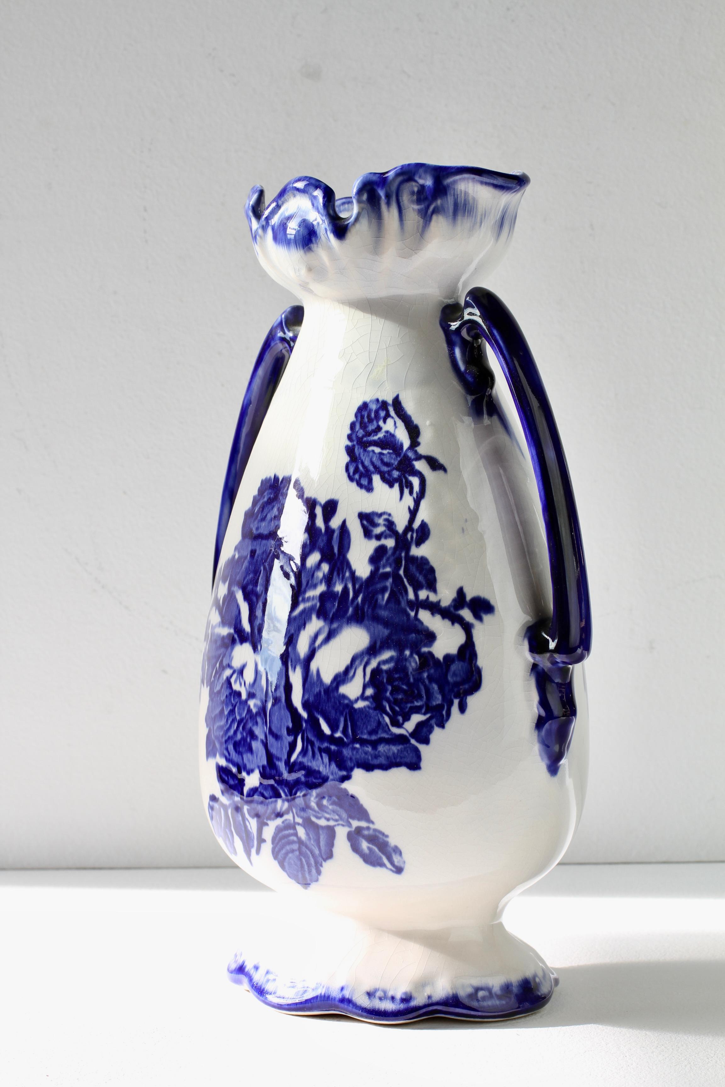 Blue and White Flowers Victorian Style Staffordshire Ironstone Pottery Vase For Sale 1