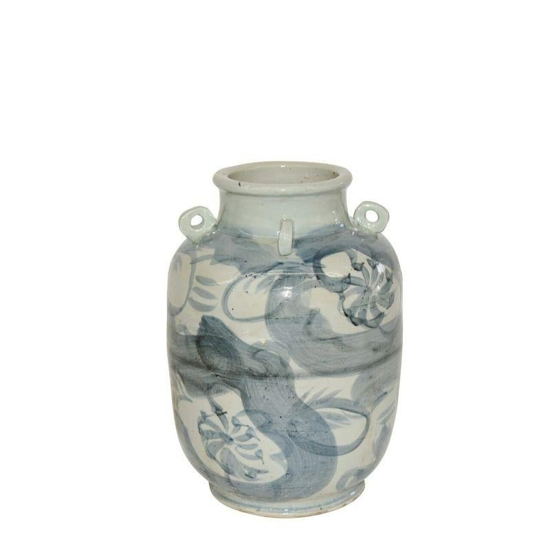 Chinese Chippendale Blue and White Four Loop Handle Jar Twisted Flower Motif For Sale