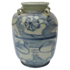 Blue and White Four Loop Handle Jar Twisted Flower Motif