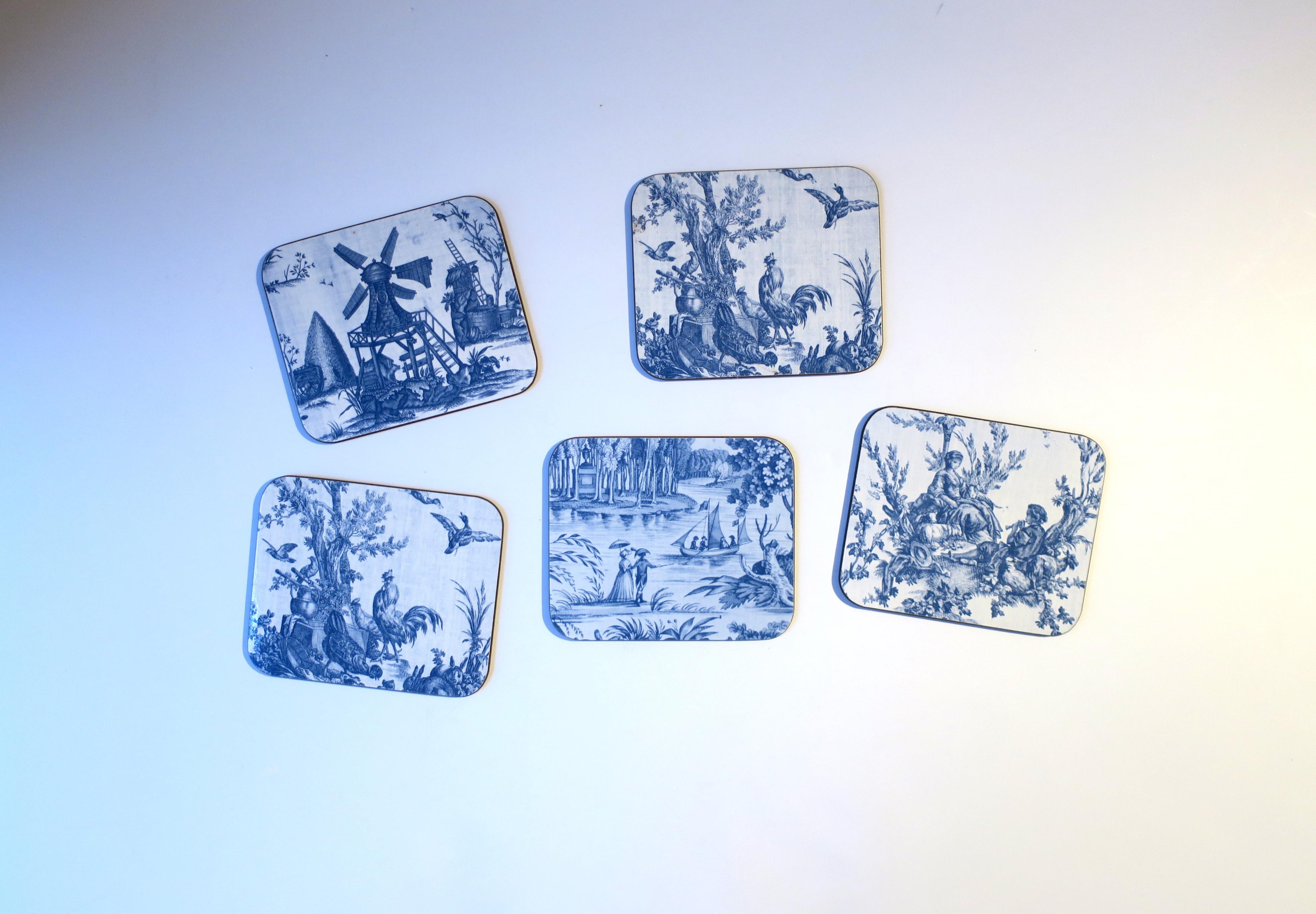 A set of five (5) blue and white French Toile scene cocktail drinks coasters, circa late-20th century. A great set and a necessity for protecting furniture tops. Dimensions: 3.75