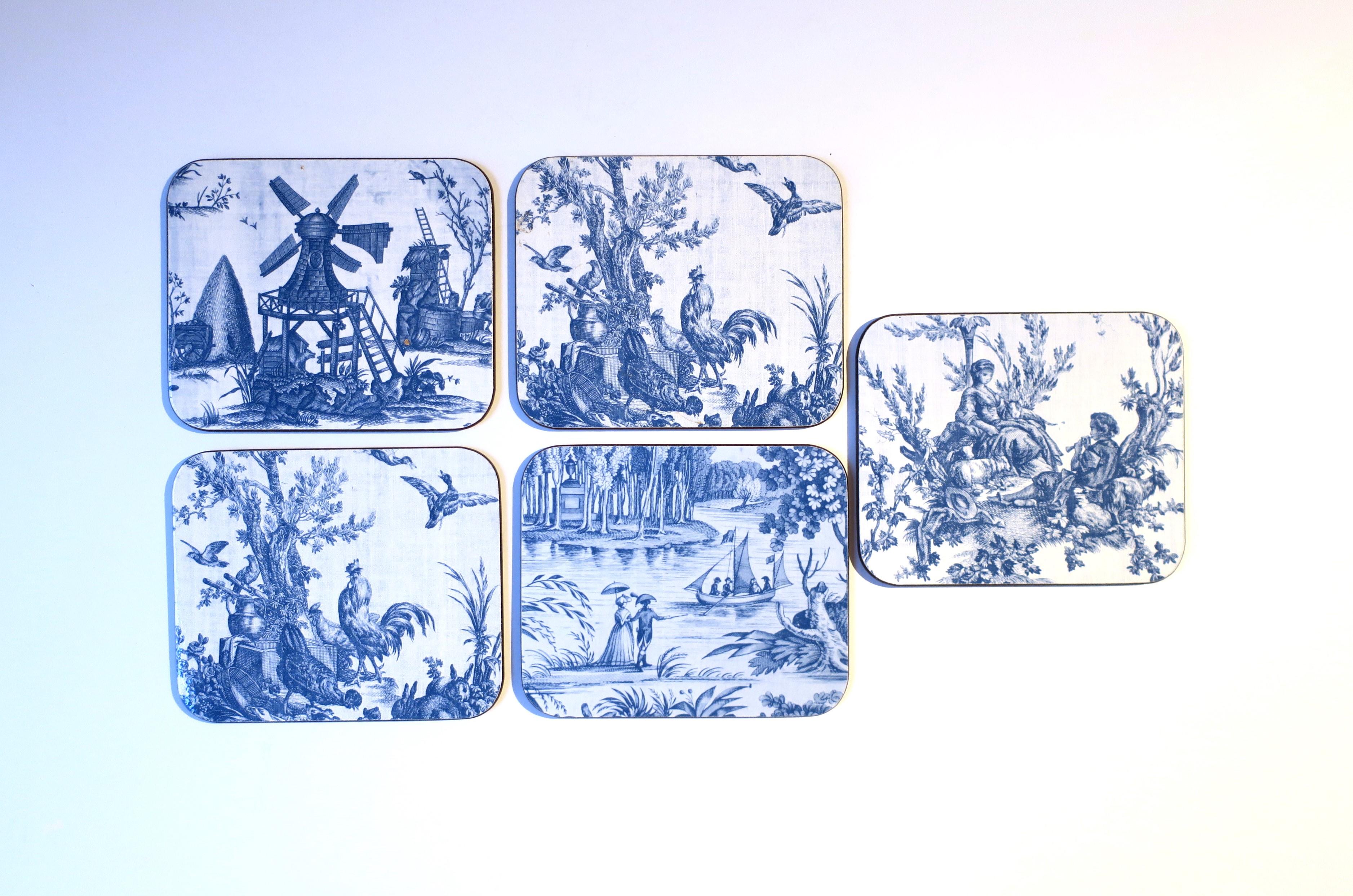 French Provincial Blue and White French Toile Cocktail Drinks Coasters, Set of 5 For Sale