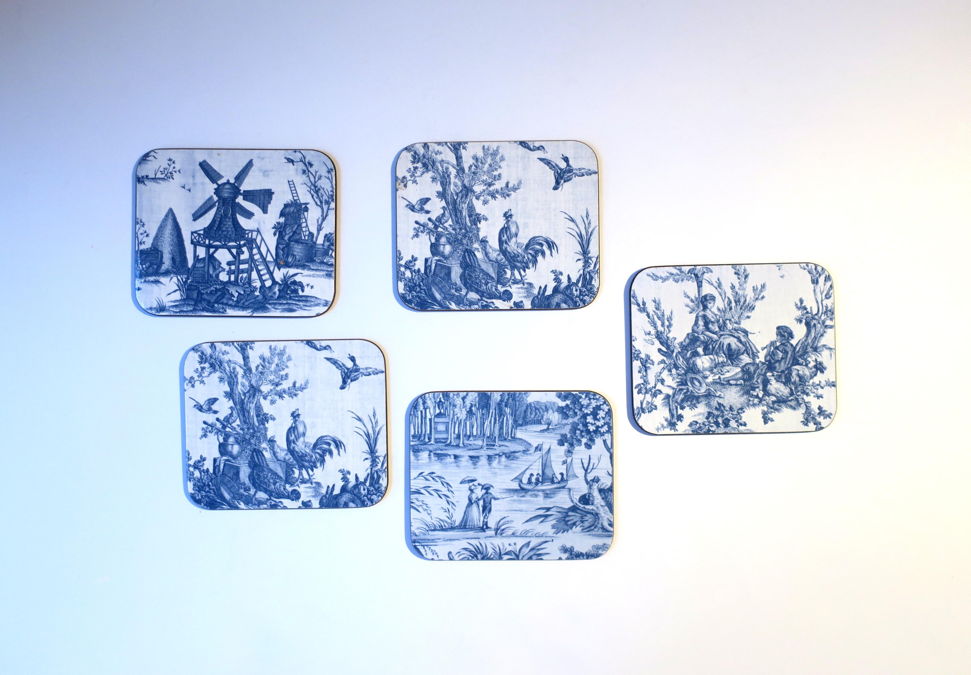 Blue and White French Toile Cocktail Drinks Coasters, Set of 5 In Excellent Condition For Sale In New York, NY