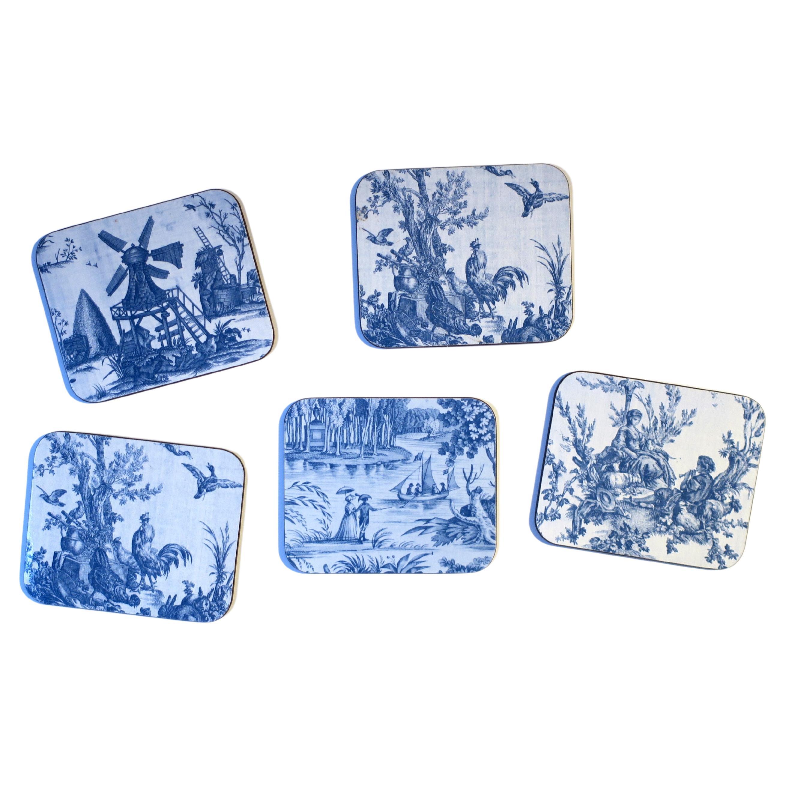 Blue and White French Toile Cocktail Drinks Coasters, Set of 5 For Sale
