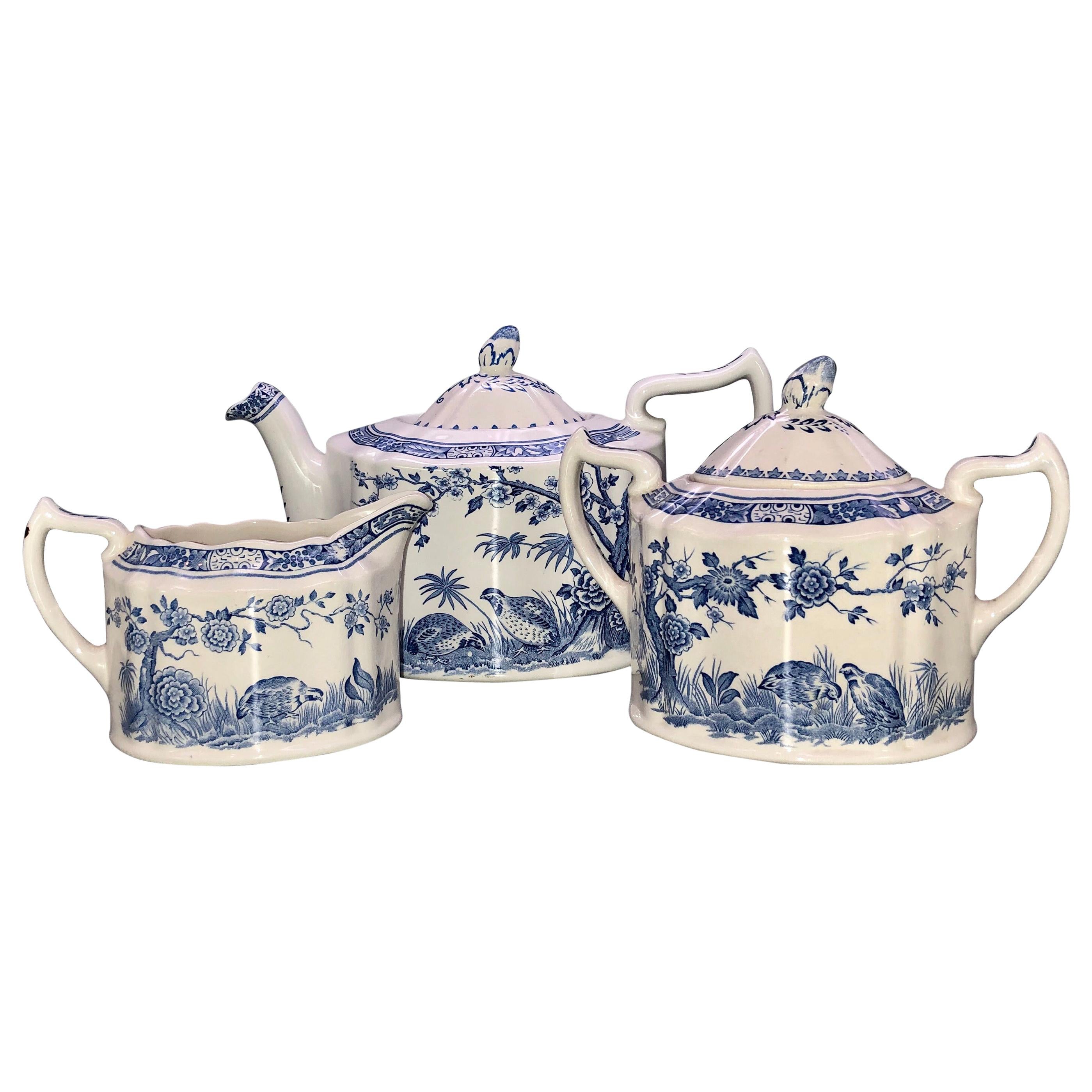 Blue and White Furnivals Quail 1913 Pottery Teapot, Creamer and Sugar Bowl Set For Sale